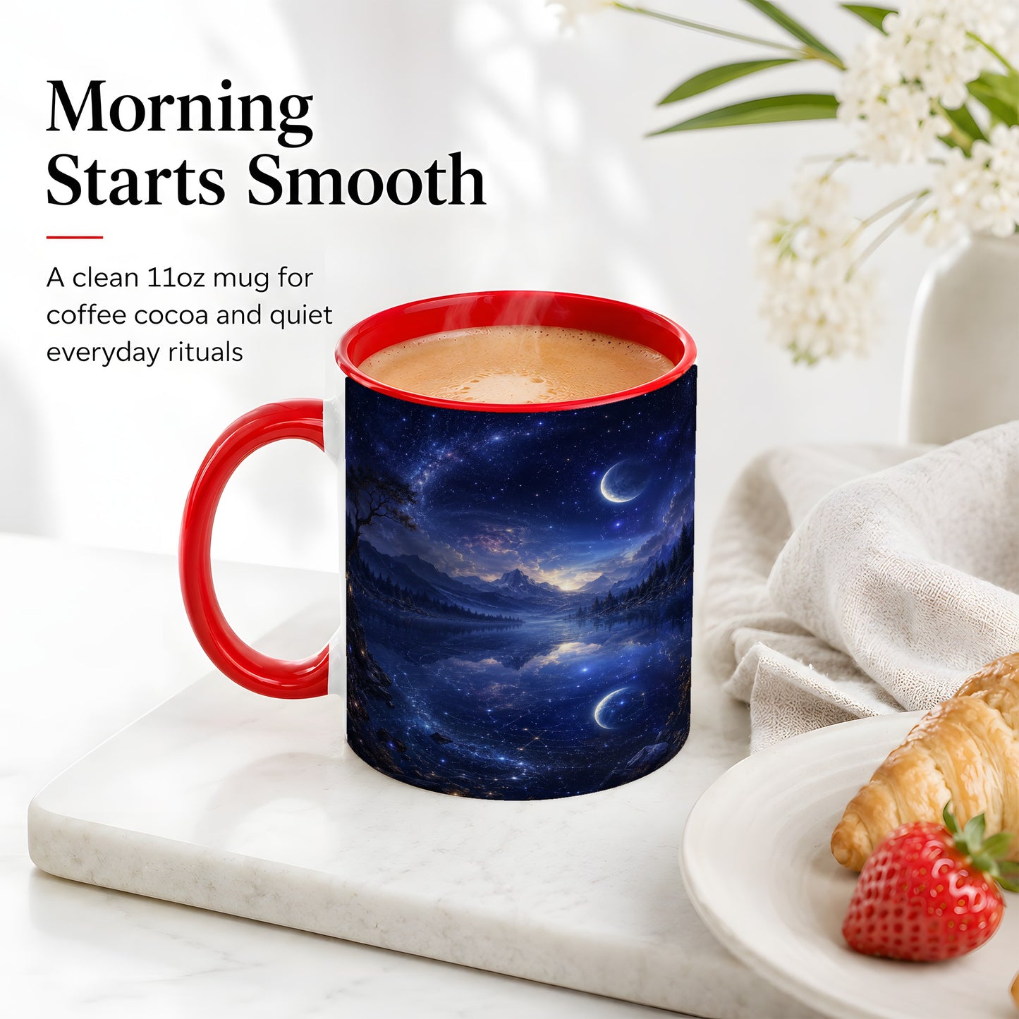 #pl[11oz|Red] Cosmic Lake Ceramic Mug, Moonlit Starry Night Landscape