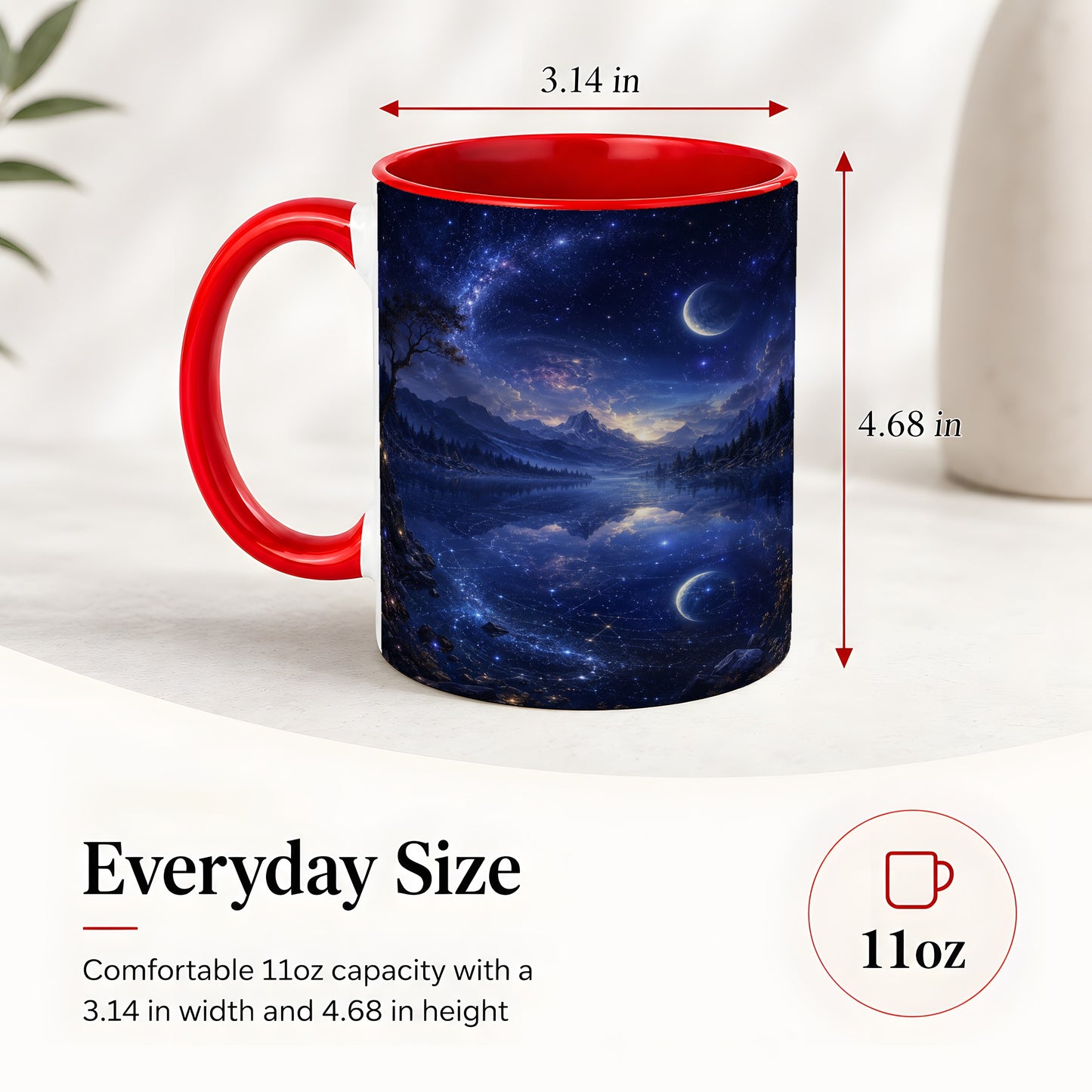 #pl[11oz|Red] Cosmic Lake Ceramic Mug, Moonlit Starry Night Landscape