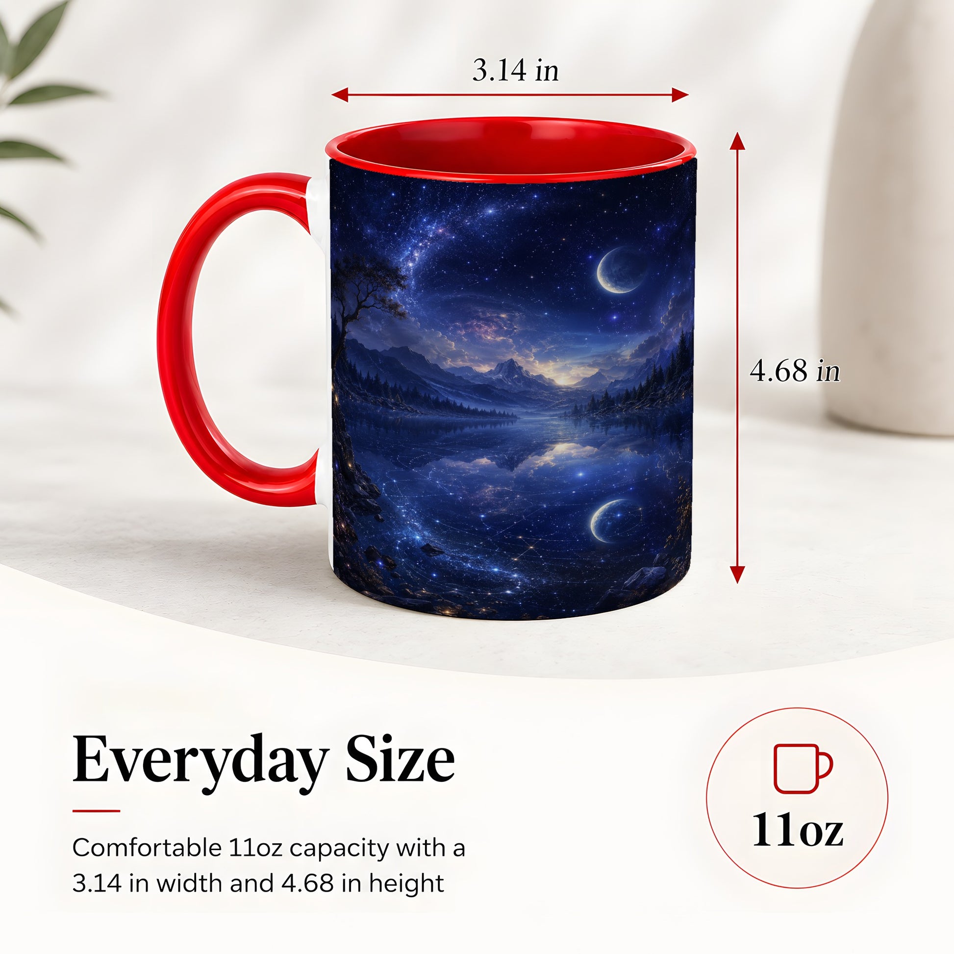 #pl[11oz|Red] Cosmic Lake Ceramic Mug, Moonlit Starry Night Landscape