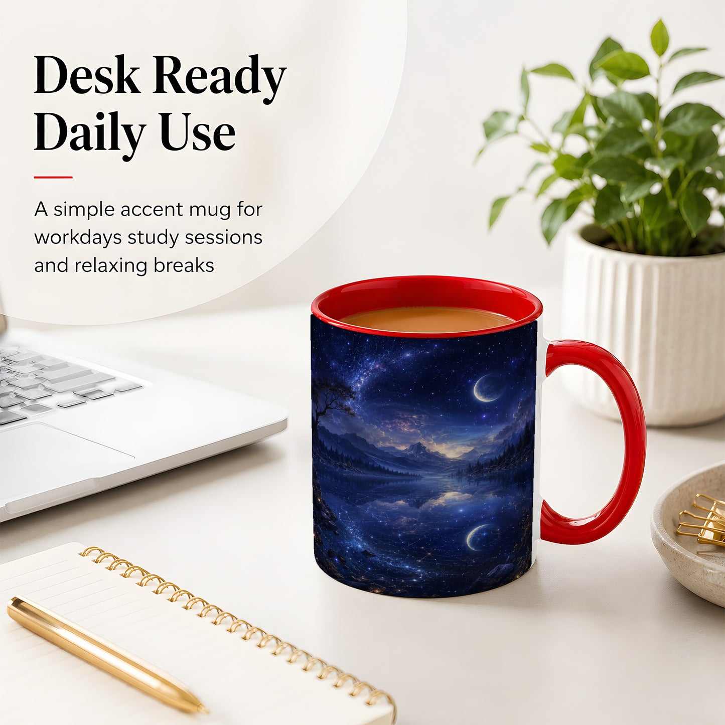 #pl[11oz|Red] Cosmic Lake Ceramic Mug, Moonlit Starry Night Landscape