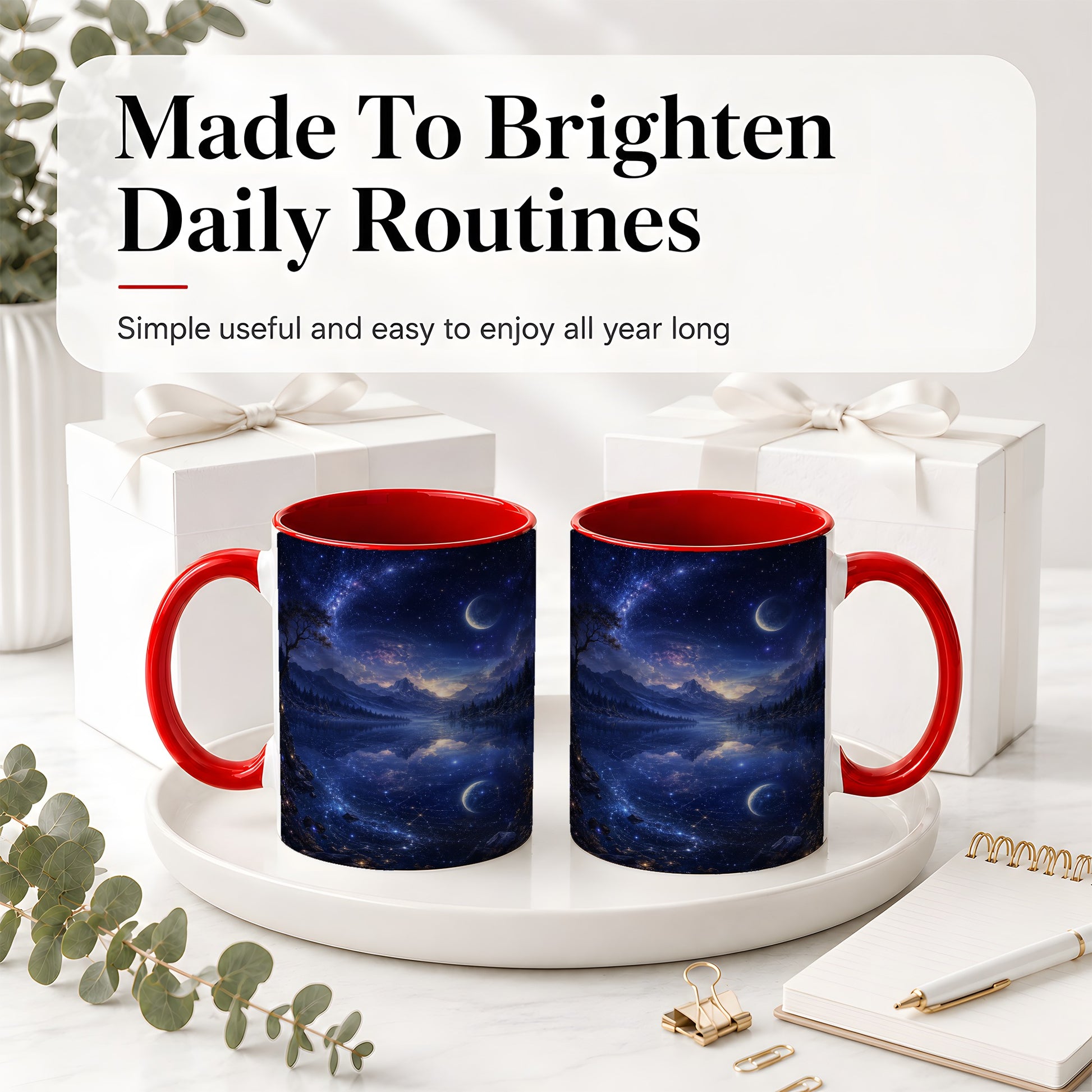 #pl[11oz|Red] Cosmic Lake Ceramic Mug, Moonlit Starry Night Landscape