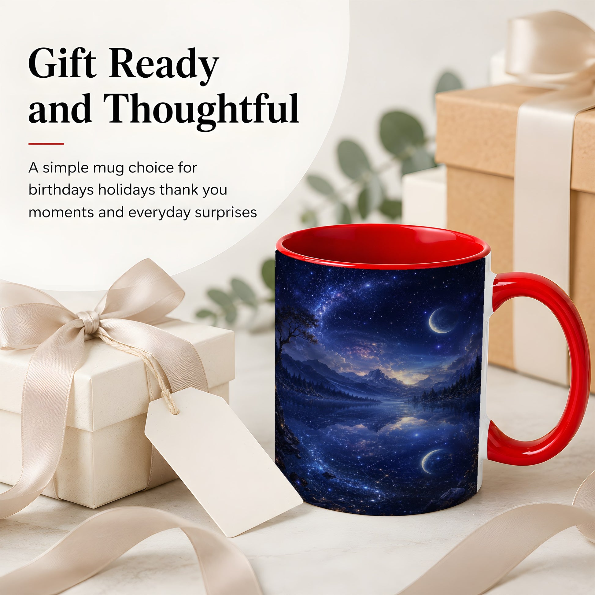 #pl[11oz|Red] Cosmic Lake Ceramic Mug, Moonlit Starry Night Landscape