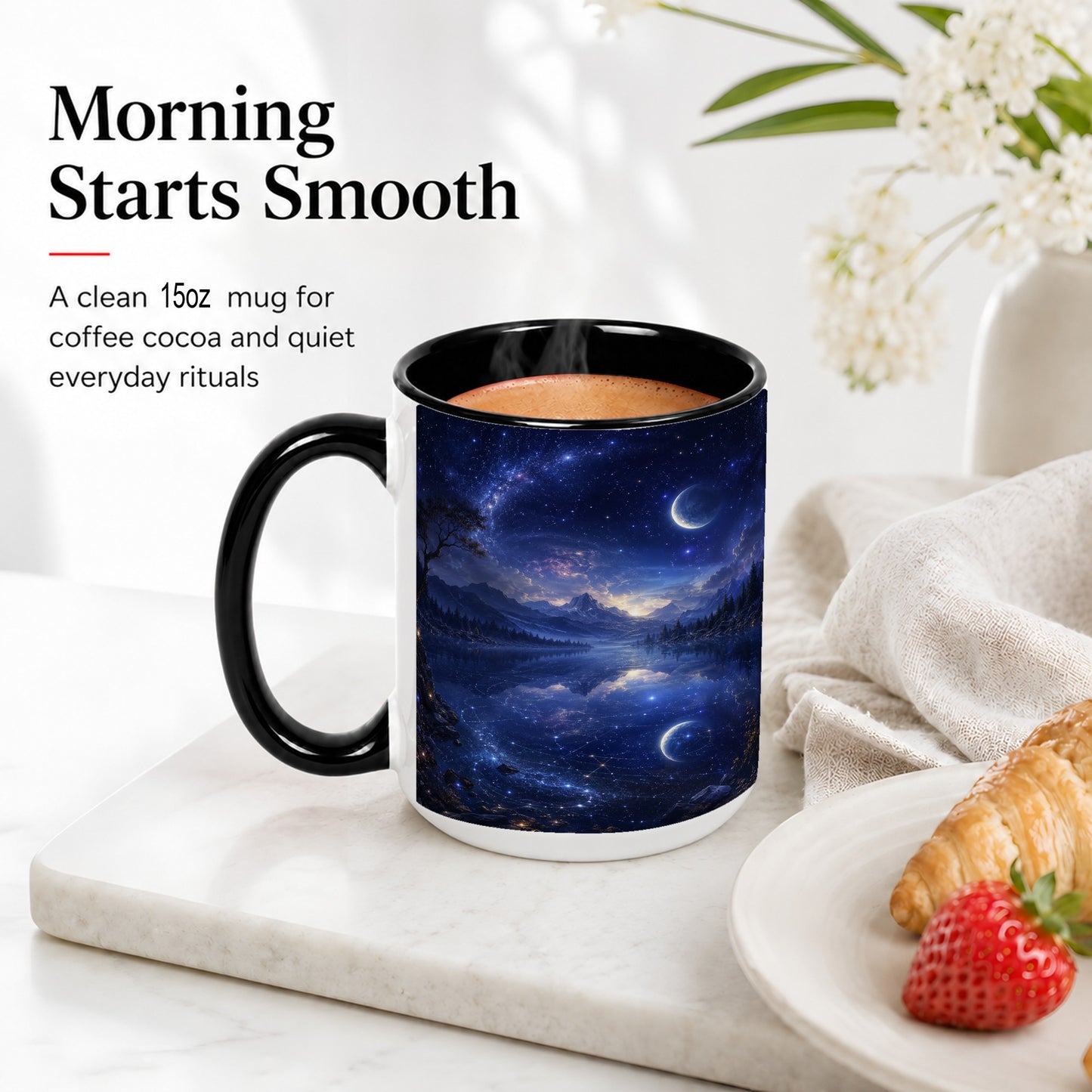 #pl[15oz|Black] Cosmic Lake Ceramic Mug, Moonlit Starry Night Landscape