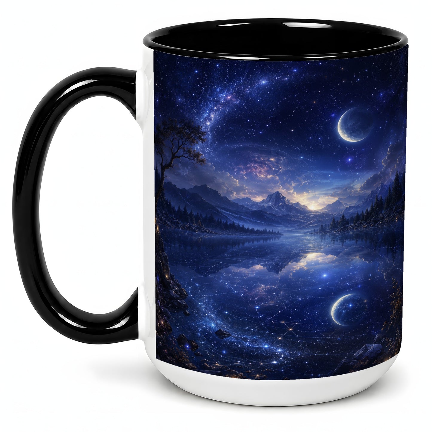 #pl[15oz|Black] Cosmic Lake Ceramic Mug, Moonlit Starry Night Landscape