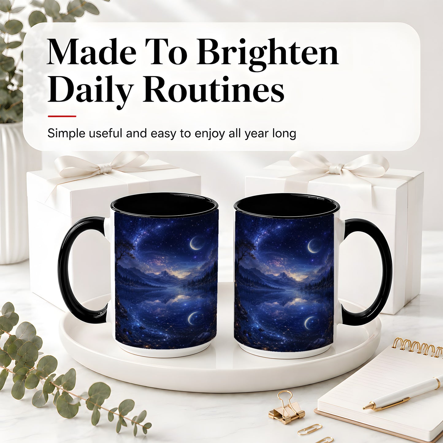 #pl[15oz|Black] Cosmic Lake Ceramic Mug, Moonlit Starry Night Landscape