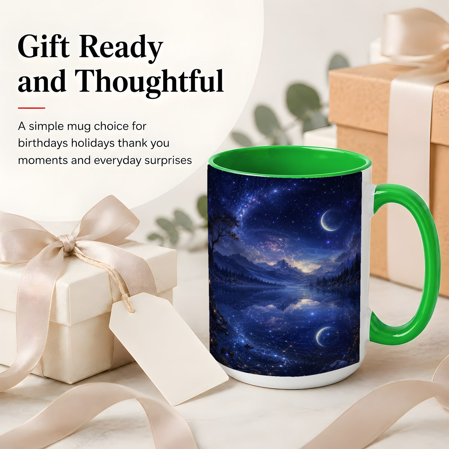 #pl[15oz|Green] Cosmic Lake Ceramic Mug, Moonlit Starry Night Landscape