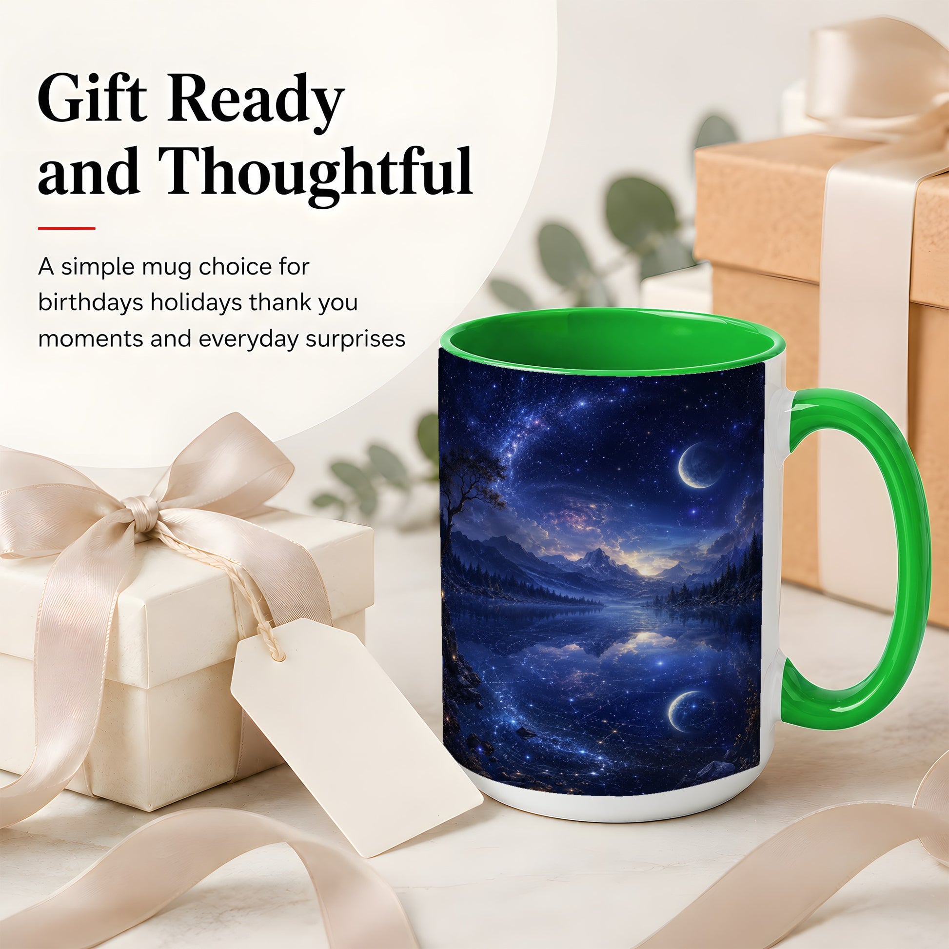 #pl[15oz|Green] Cosmic Lake Ceramic Mug, Moonlit Starry Night Landscape