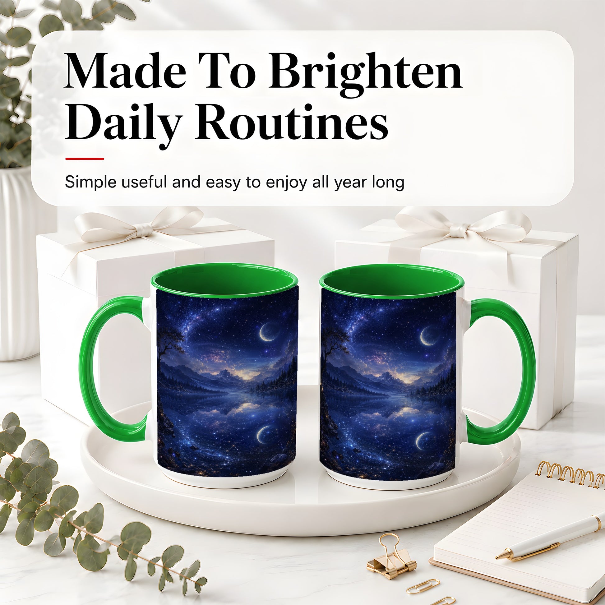 #pl[15oz|Green] Cosmic Lake Ceramic Mug, Moonlit Starry Night Landscape