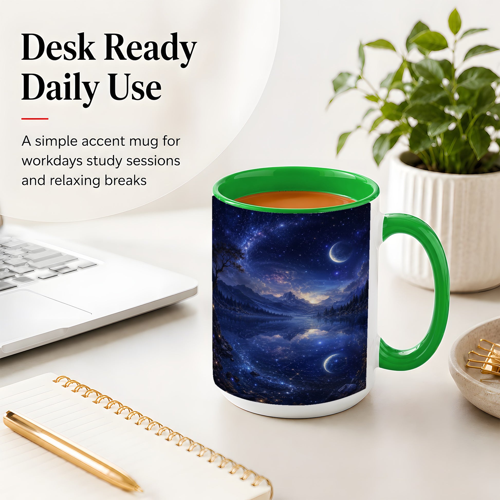 #pl[15oz|Green] Cosmic Lake Ceramic Mug, Moonlit Starry Night Landscape