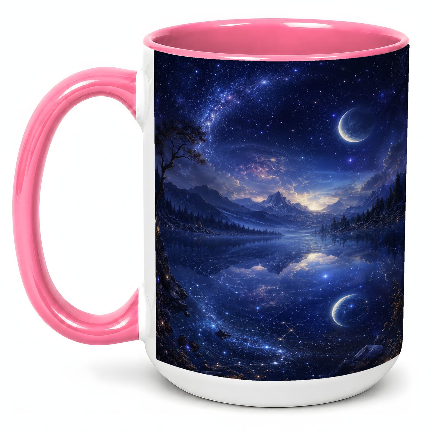#pl[15oz|Pink] Cosmic Lake Ceramic Mug, Moonlit Starry Night Landscape
