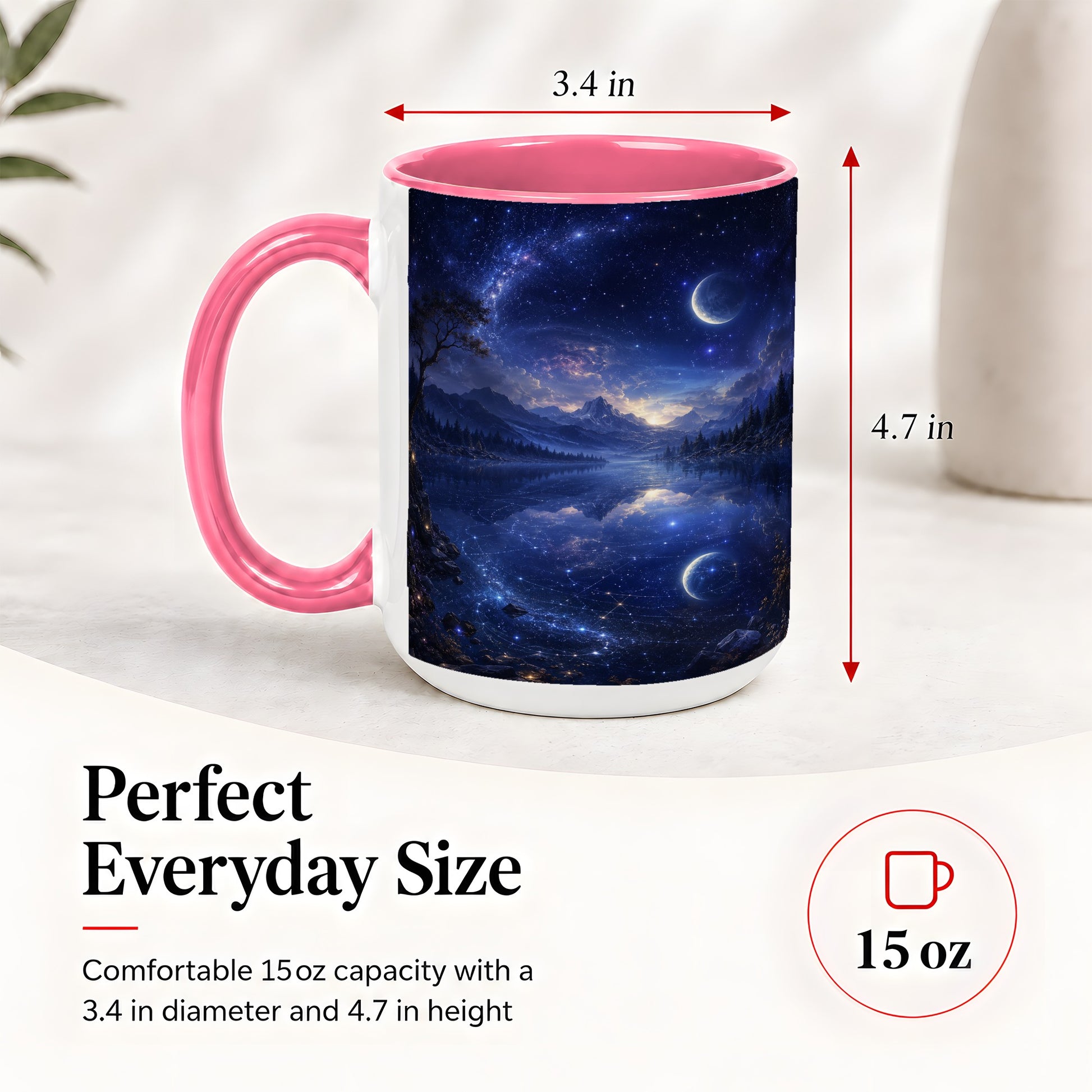 #pl[15oz|Pink] Cosmic Lake Ceramic Mug, Moonlit Starry Night Landscape