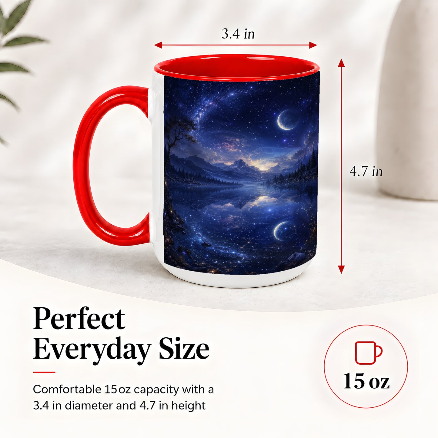#pl[15oz|Red] Cosmic Lake Ceramic Mug, Moonlit Starry Night Landscape