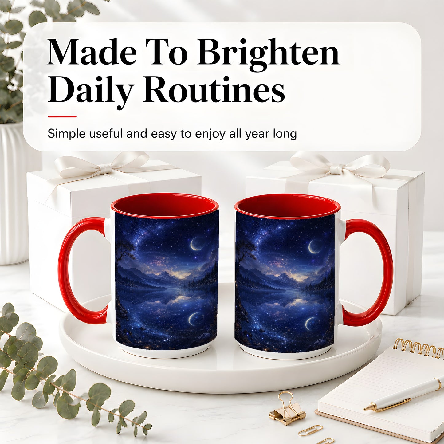 #pl[15oz|Red] Cosmic Lake Ceramic Mug, Moonlit Starry Night Landscape