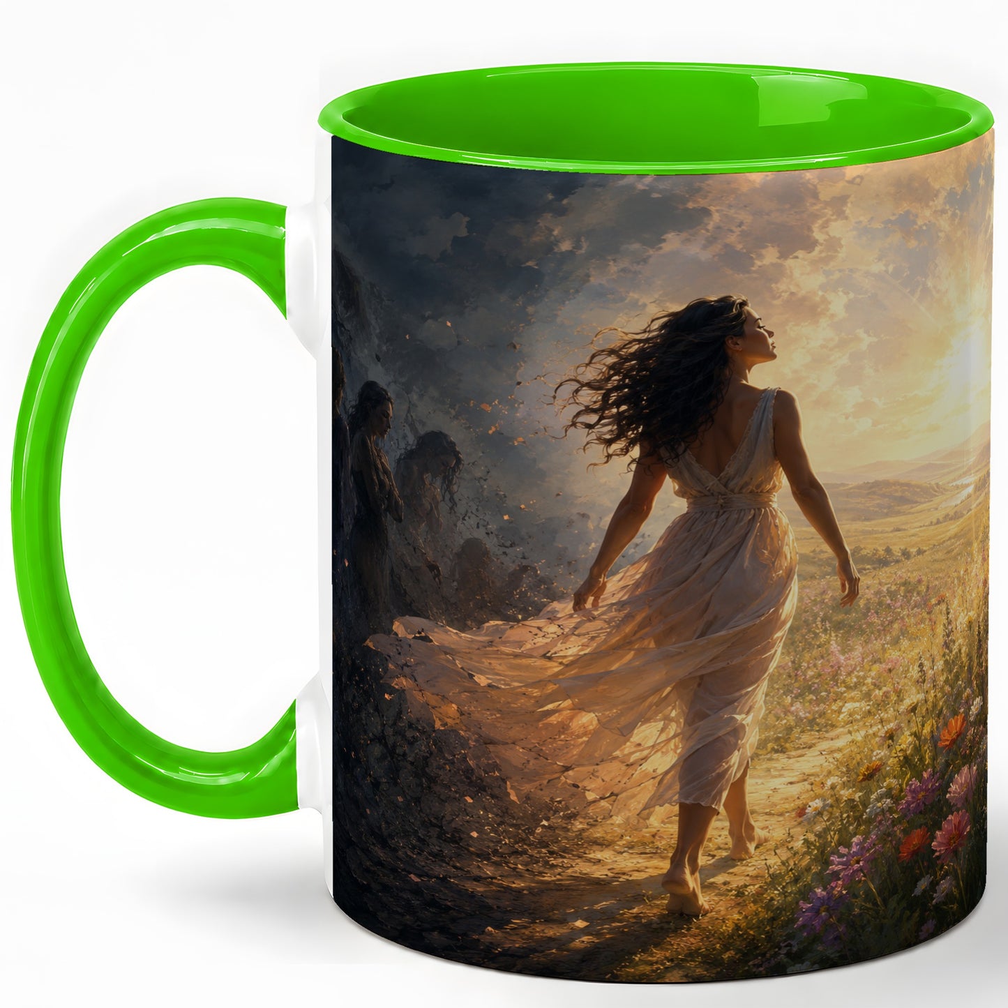 #pl[11oz|Green] Into the Light Ceramic Mug, Hopeful Sunrise Journey Art