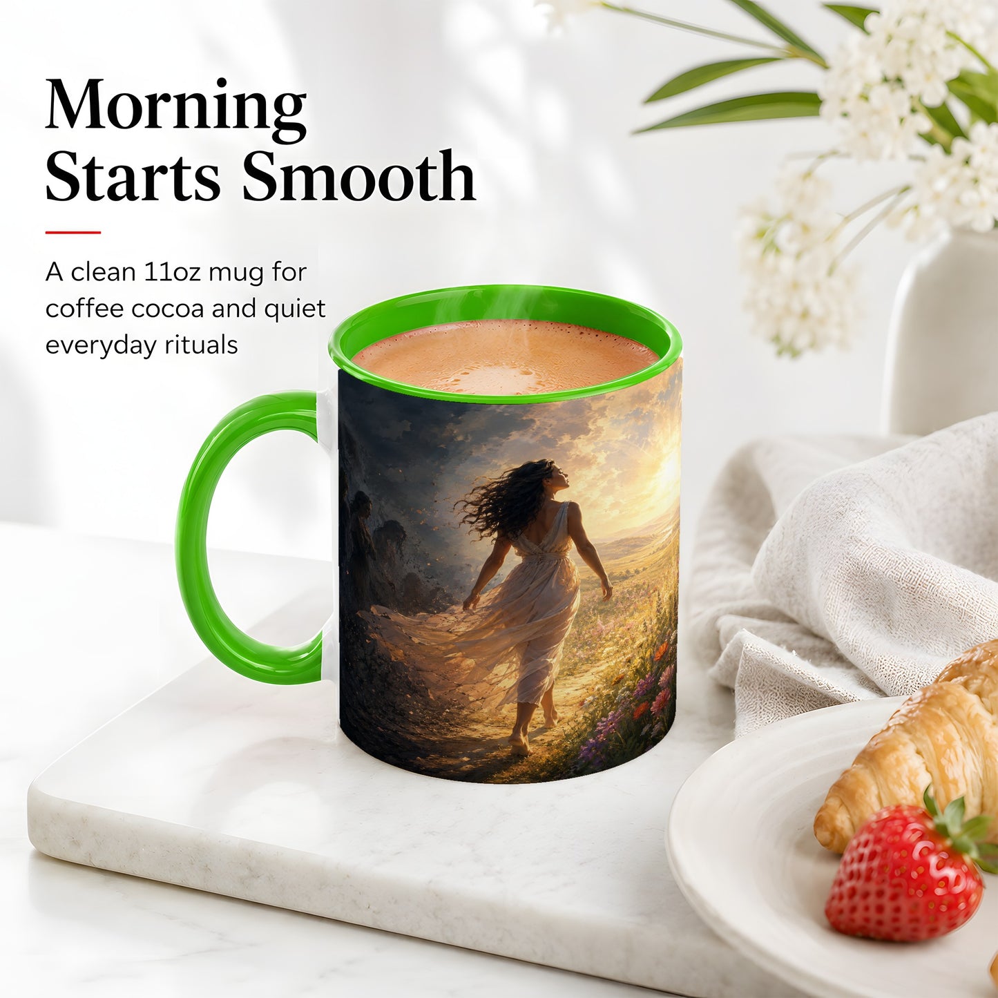 #pl[11oz|Green] Into the Light Ceramic Mug, Hopeful Sunrise Journey Art