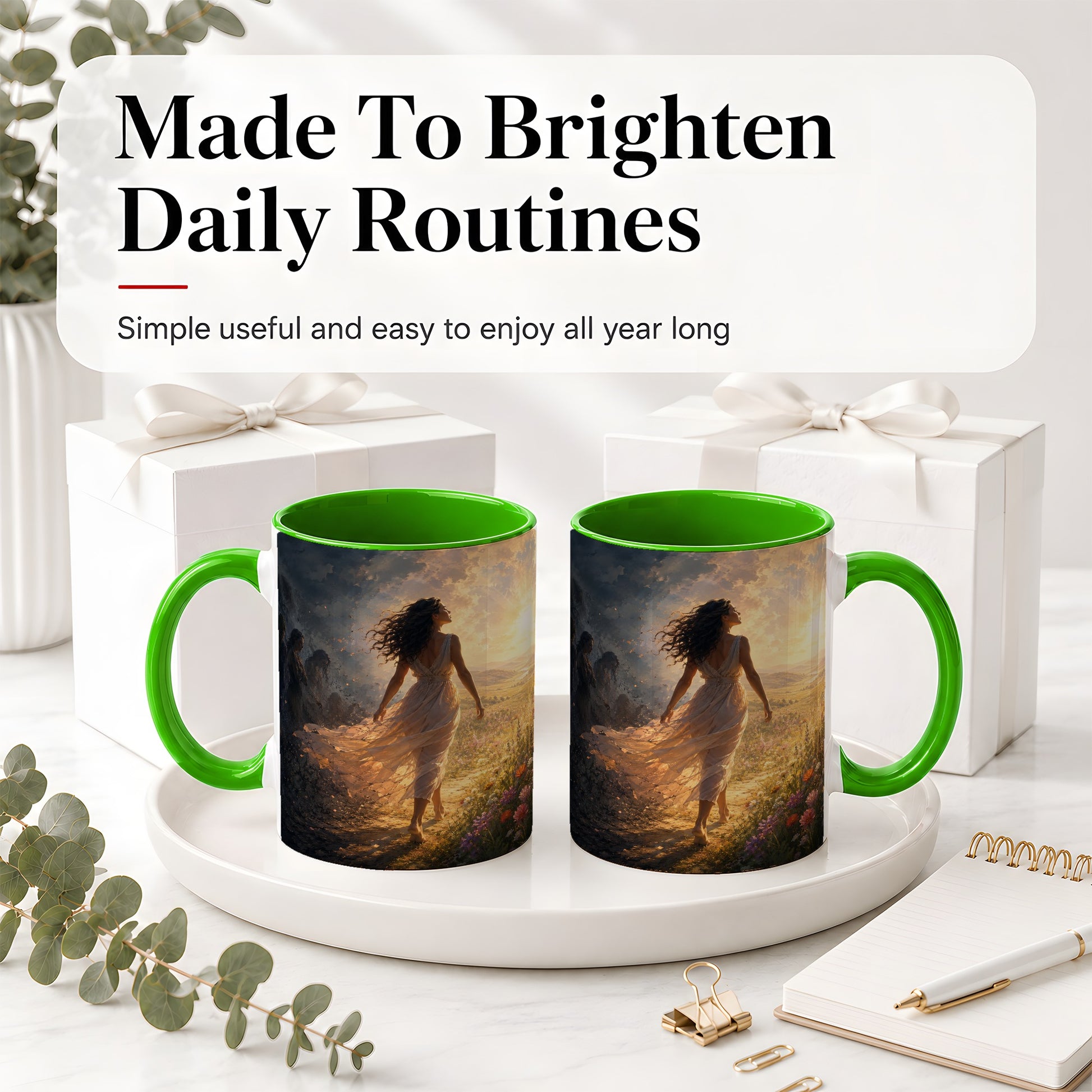 #pl[11oz|Green] Into the Light Ceramic Mug, Hopeful Sunrise Journey Art