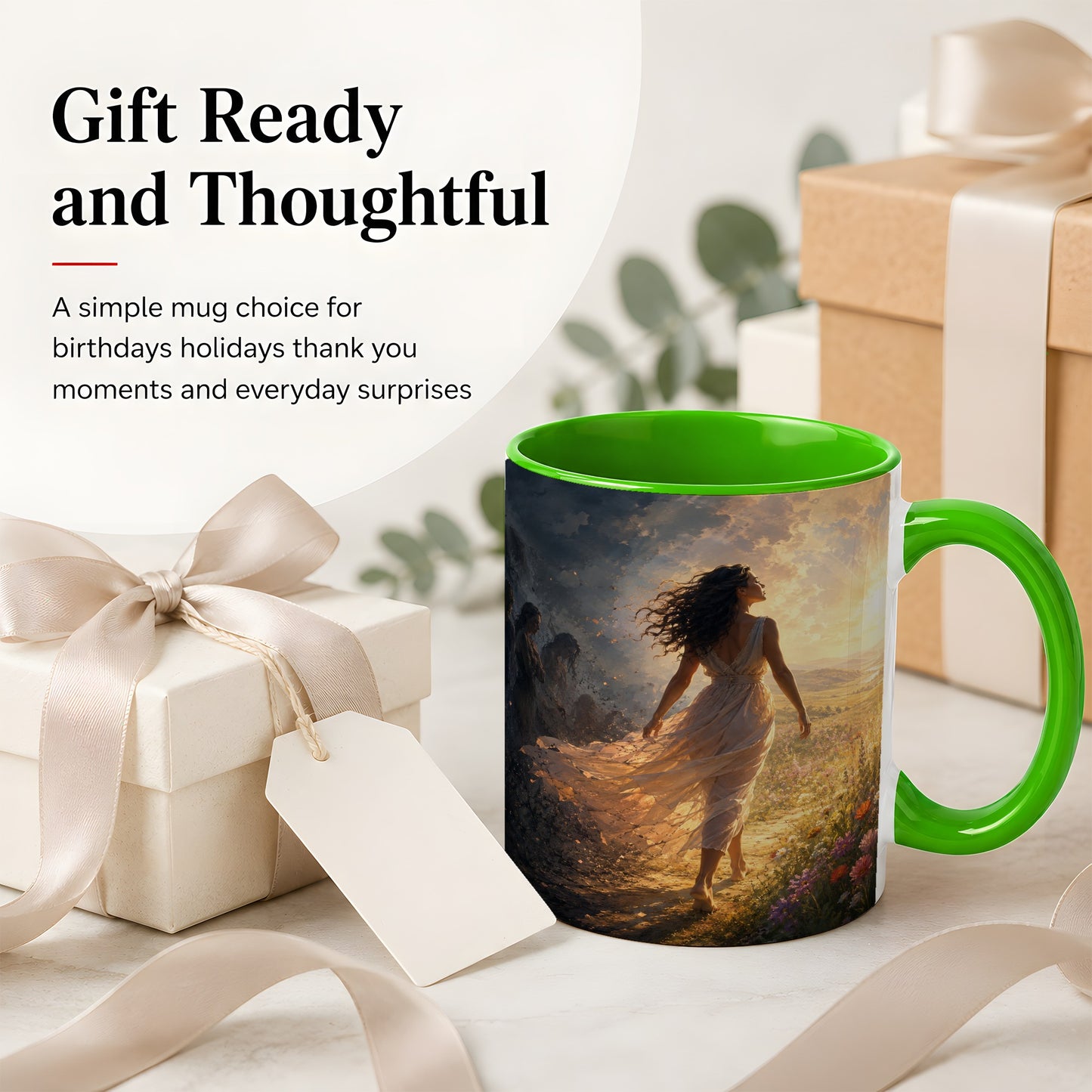 #pl[11oz|Green] Into the Light Ceramic Mug, Hopeful Sunrise Journey Art