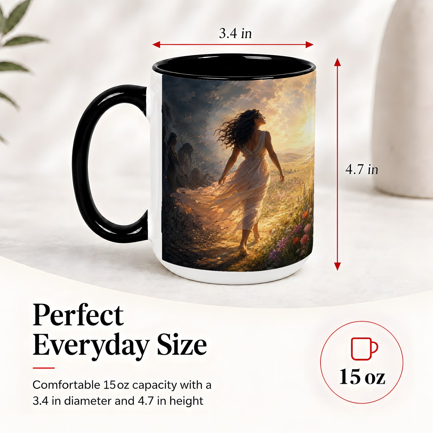 #pl[15oz|Black] Into the Light Ceramic Mug, Hopeful Sunrise Journey Art