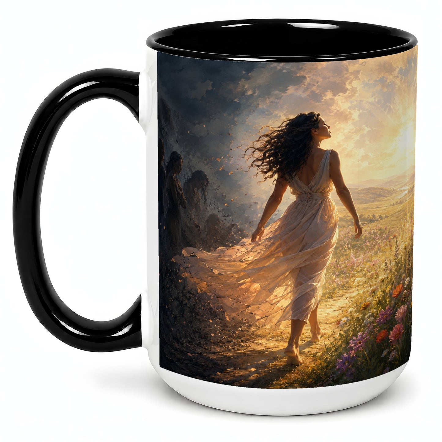 #pl[15oz|Black] Into the Light Ceramic Mug, Hopeful Sunrise Journey Art