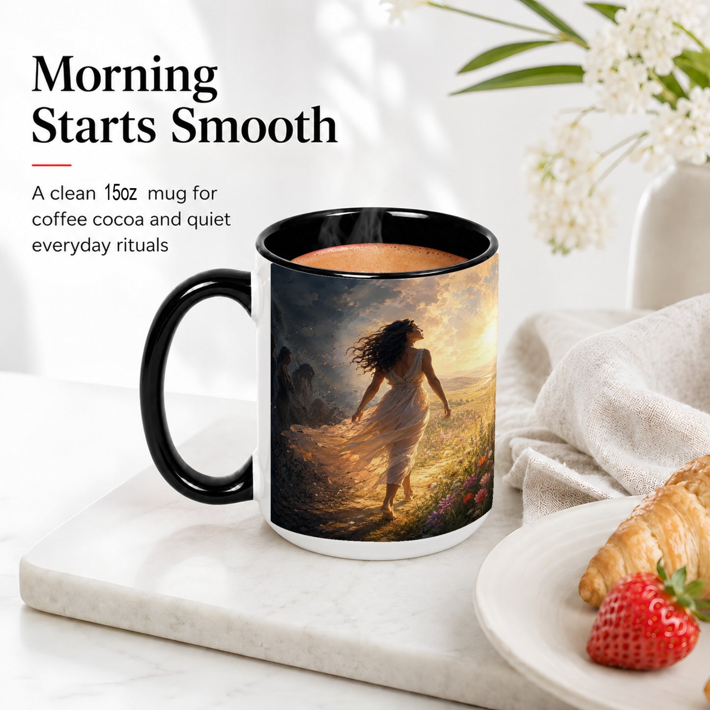 #pl[15oz|Black] Into the Light Ceramic Mug, Hopeful Sunrise Journey Art