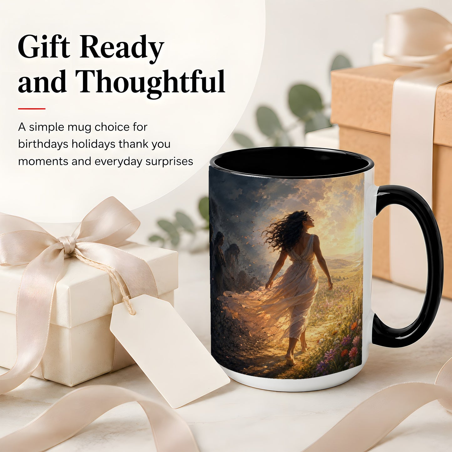 #pl[15oz|Black] Into the Light Ceramic Mug, Hopeful Sunrise Journey Art