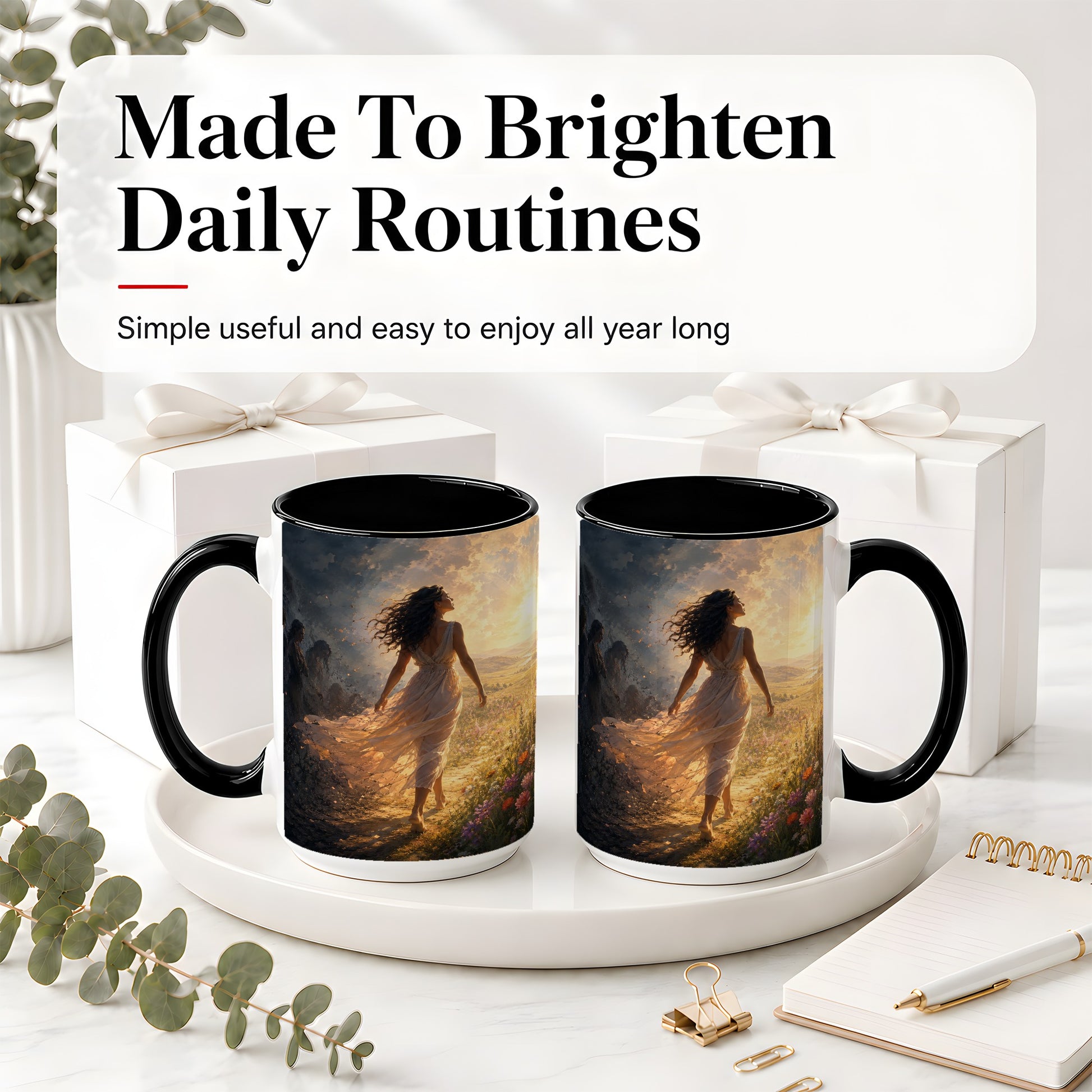 #pl[15oz|Black] Into the Light Ceramic Mug, Hopeful Sunrise Journey Art