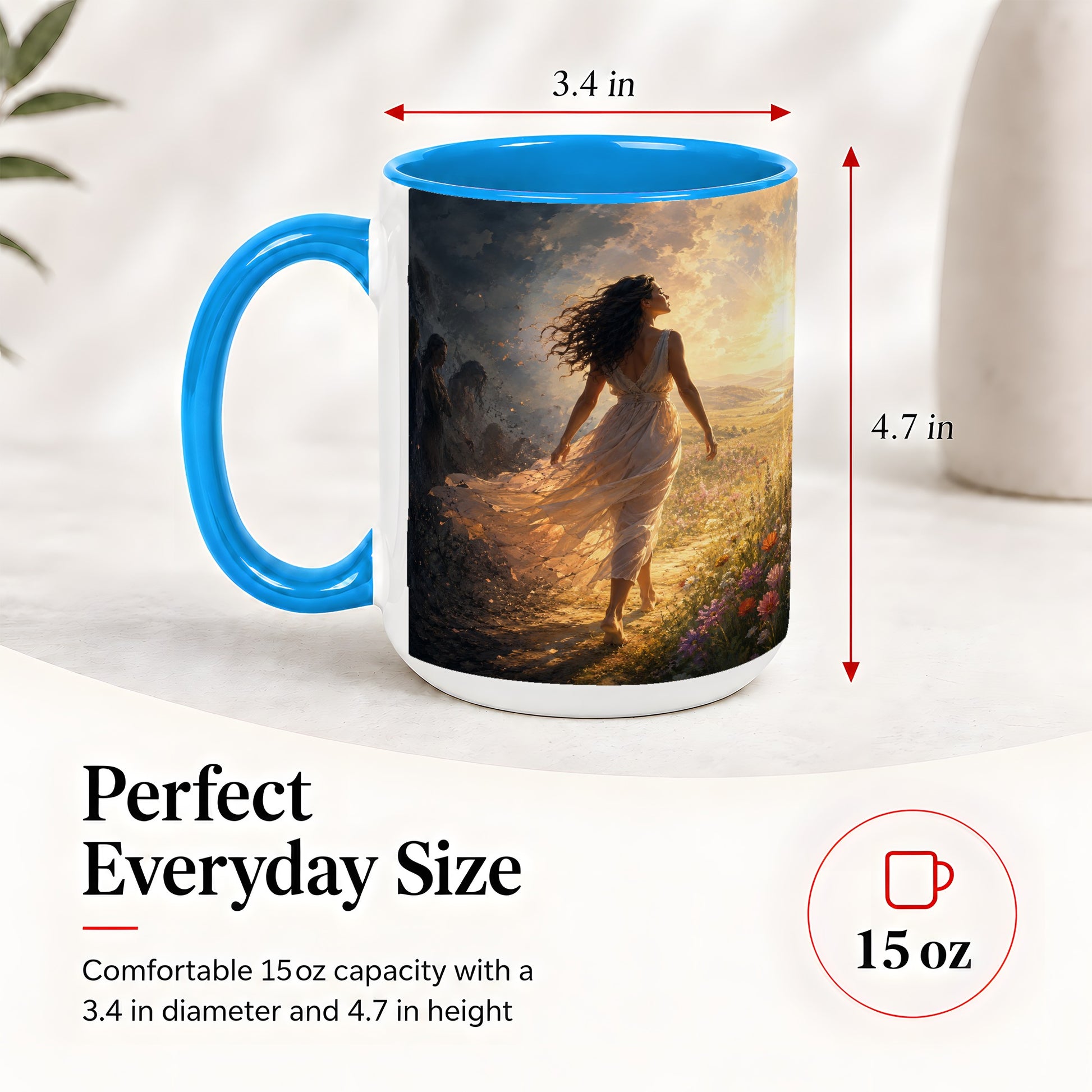 #pl[15oz|Blue] Into the Light Ceramic Mug, Hopeful Sunrise Journey Art