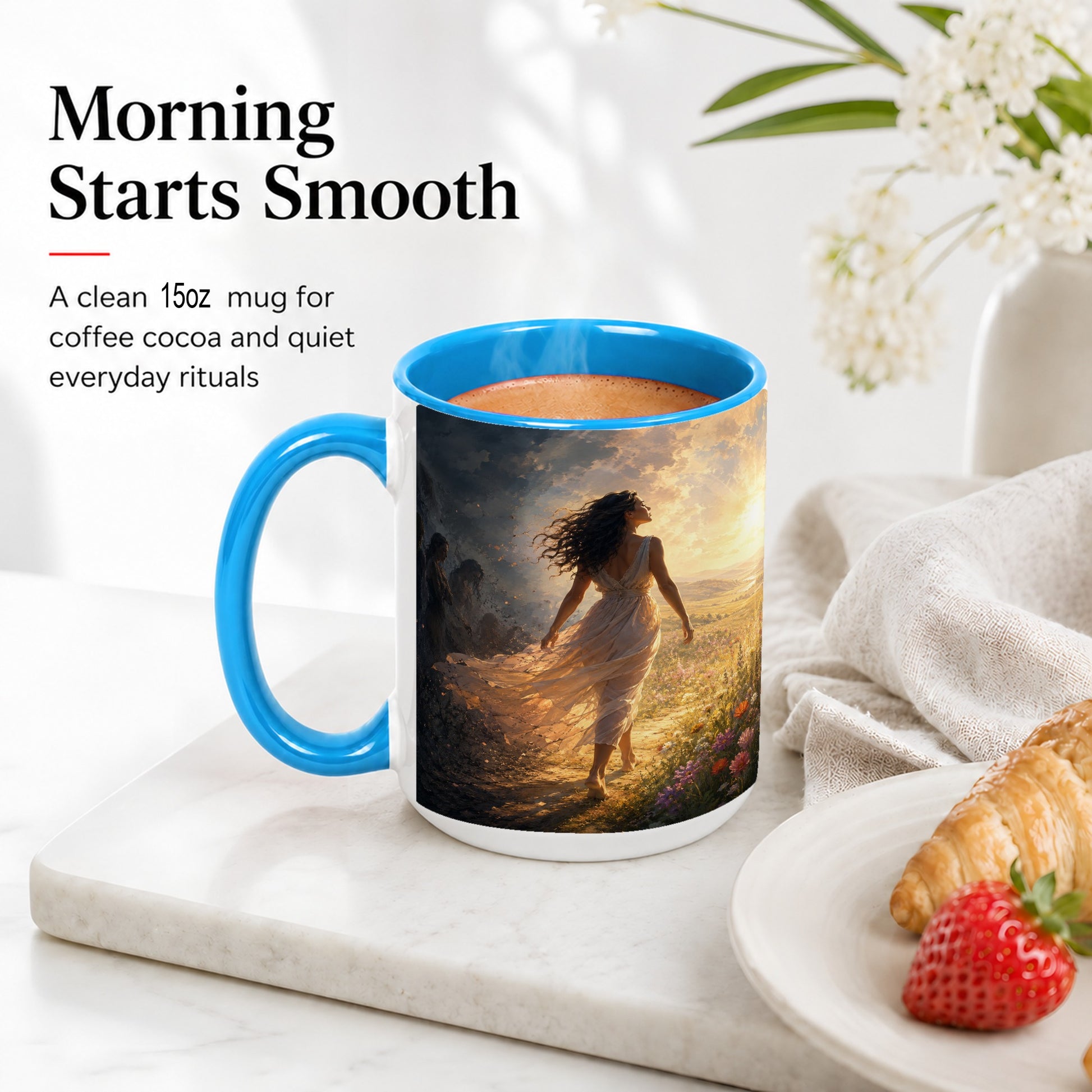 #pl[15oz|Blue] Into the Light Ceramic Mug, Hopeful Sunrise Journey Art