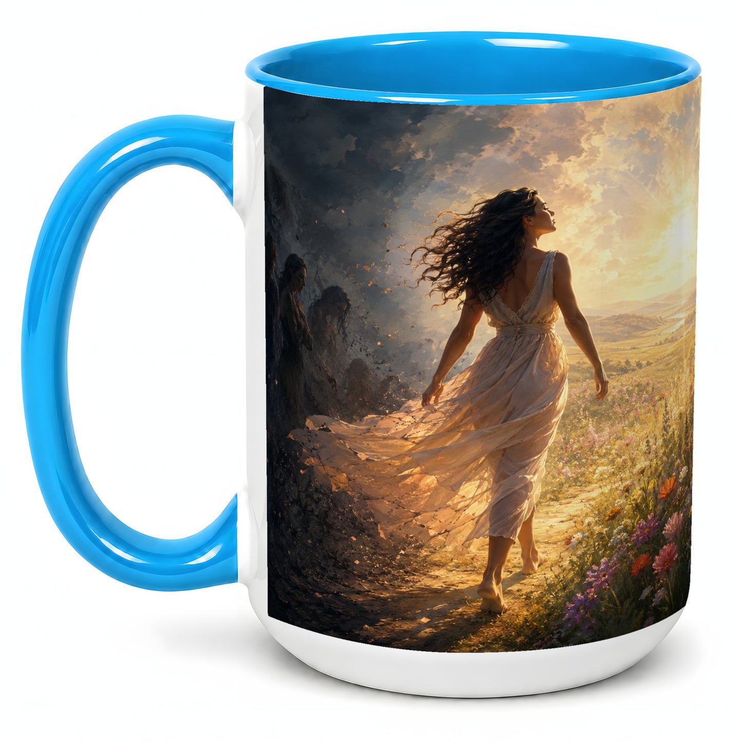 #pl[15oz|Blue] Into the Light Ceramic Mug, Hopeful Sunrise Journey Art