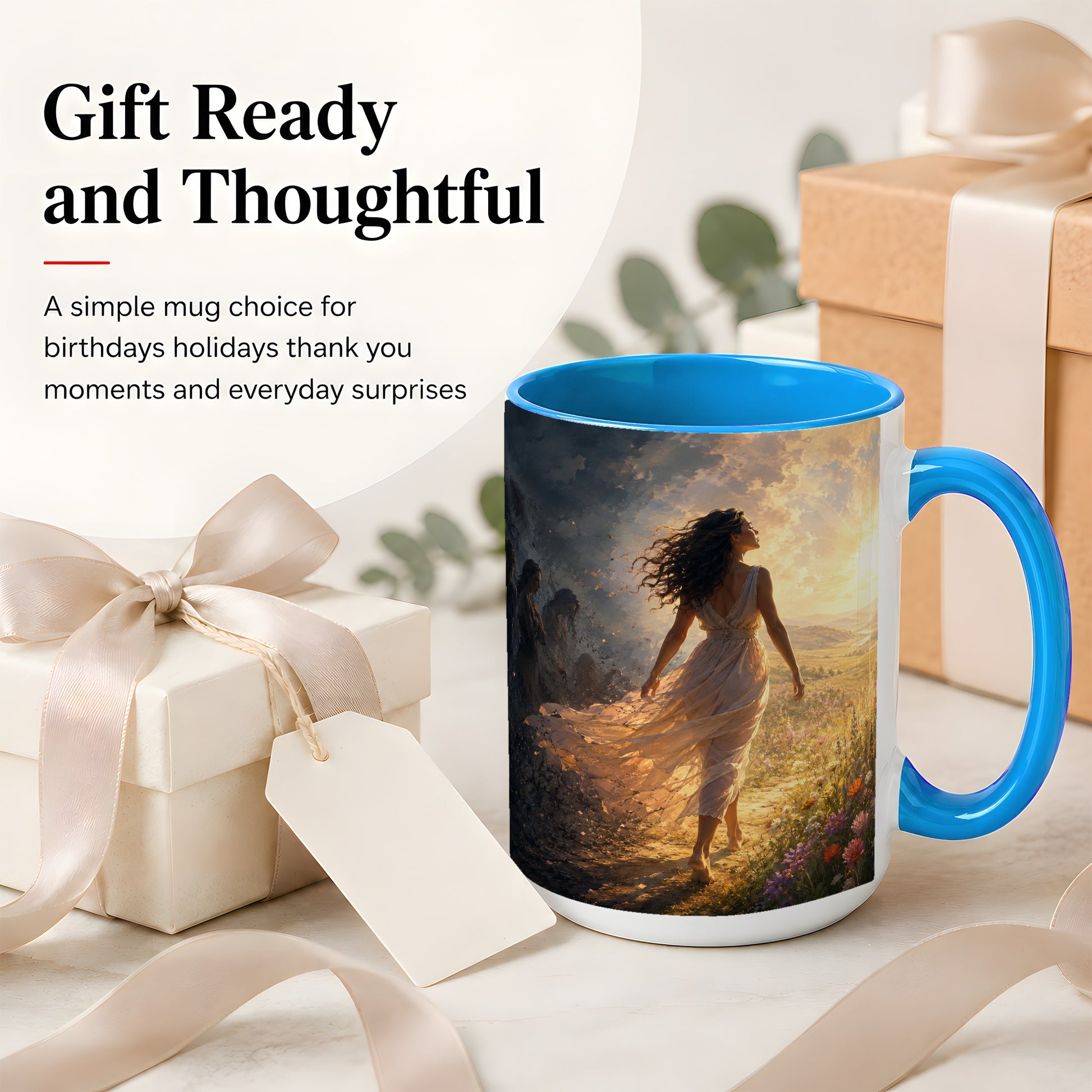 #pl[15oz|Blue] Into the Light Ceramic Mug, Hopeful Sunrise Journey Art