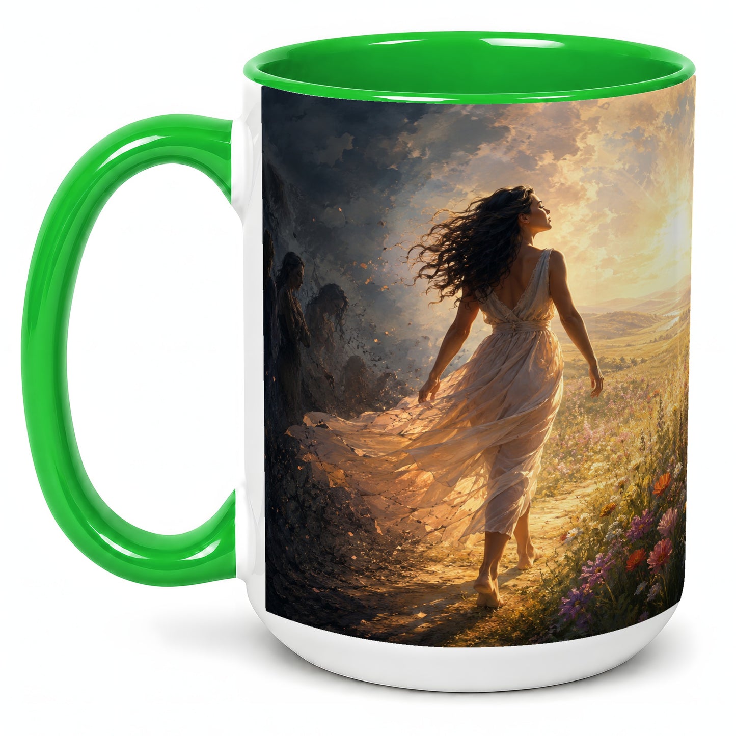 #pl[15oz|Green] Into the Light Ceramic Mug, Hopeful Sunrise Journey Art
