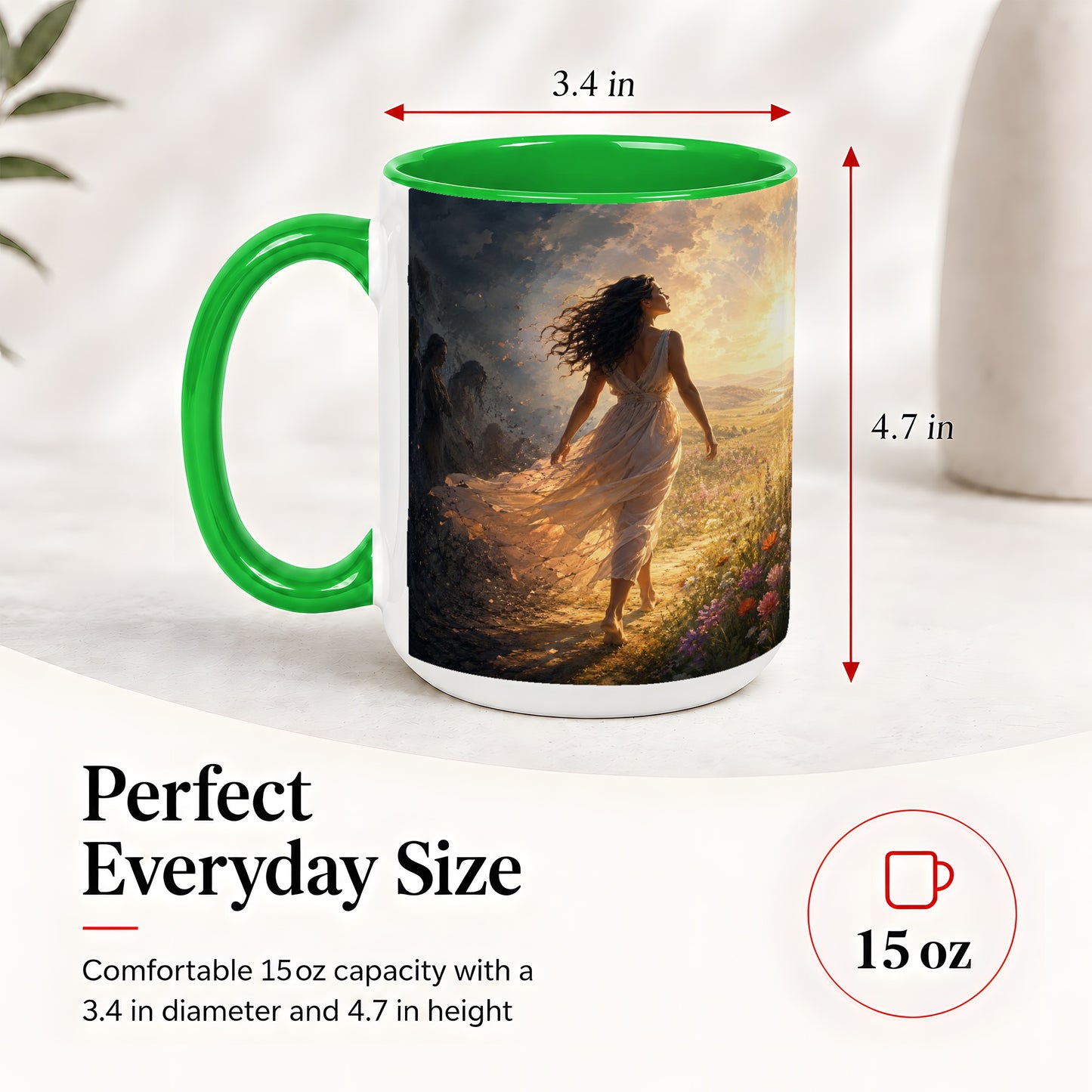 #pl[15oz|Green] Into the Light Ceramic Mug, Hopeful Sunrise Journey Art