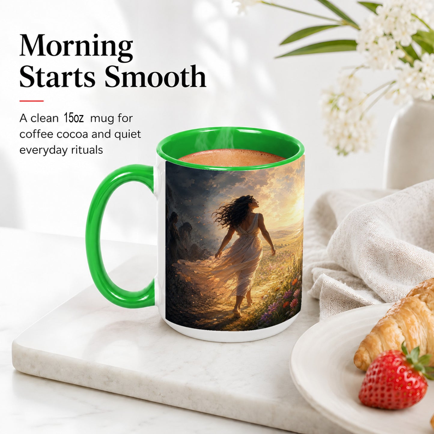 #pl[15oz|Green] Into the Light Ceramic Mug, Hopeful Sunrise Journey Art