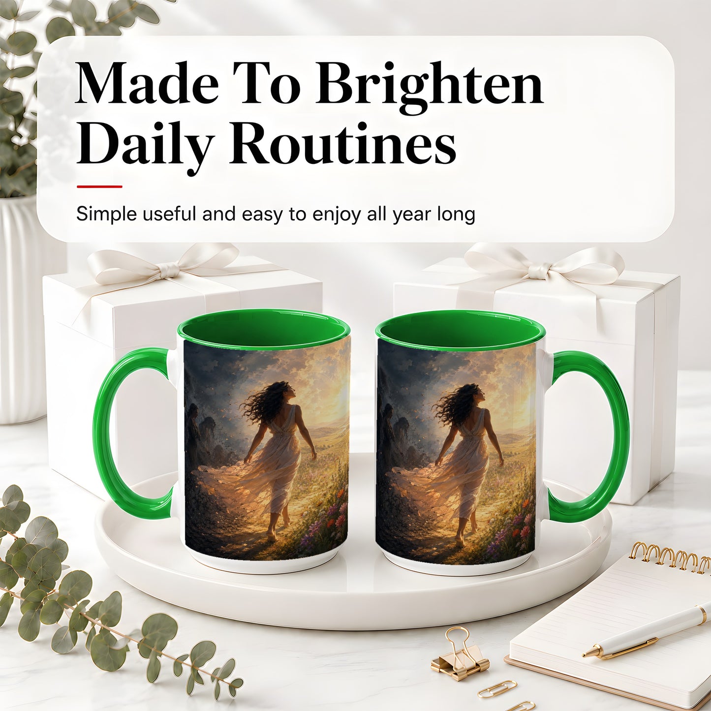 #pl[15oz|Green] Into the Light Ceramic Mug, Hopeful Sunrise Journey Art