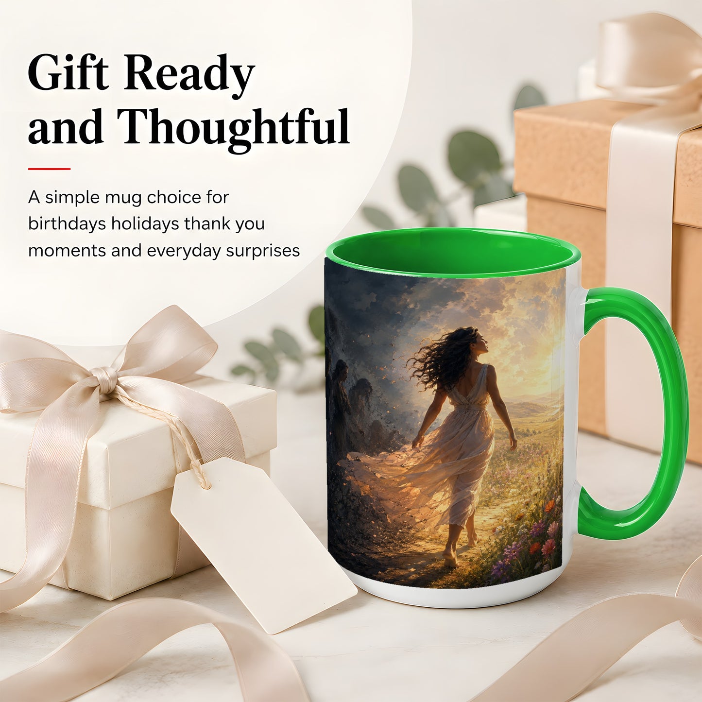 #pl[15oz|Green] Into the Light Ceramic Mug, Hopeful Sunrise Journey Art