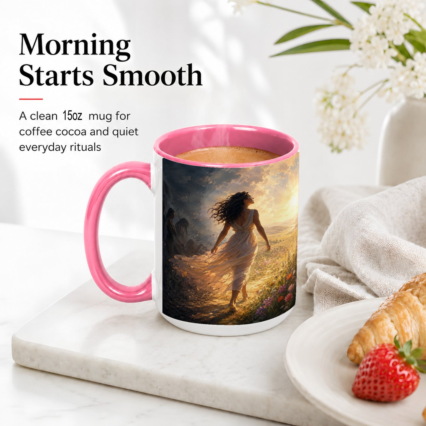 #pl[15oz|Pink] Into the Light Ceramic Mug, Hopeful Sunrise Journey Art