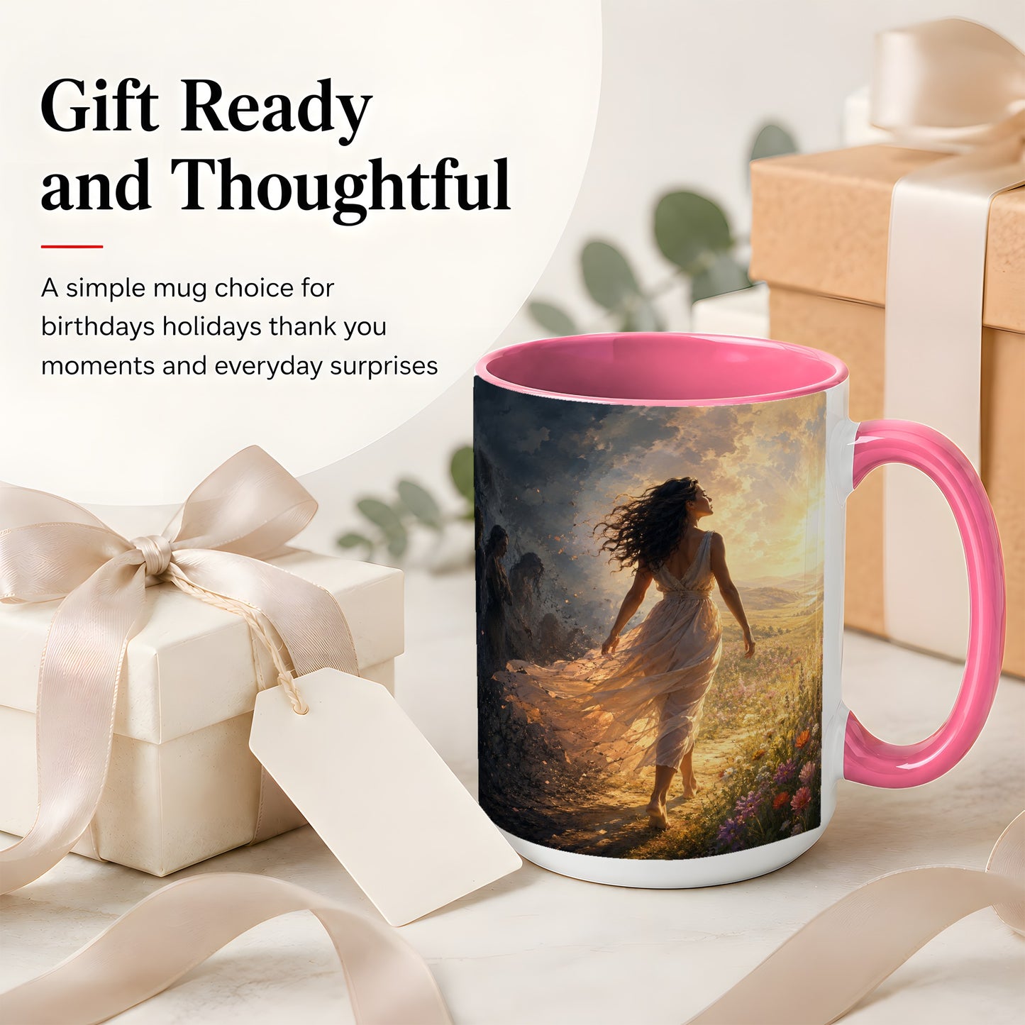 #pl[15oz|Pink] Into the Light Ceramic Mug, Hopeful Sunrise Journey Art