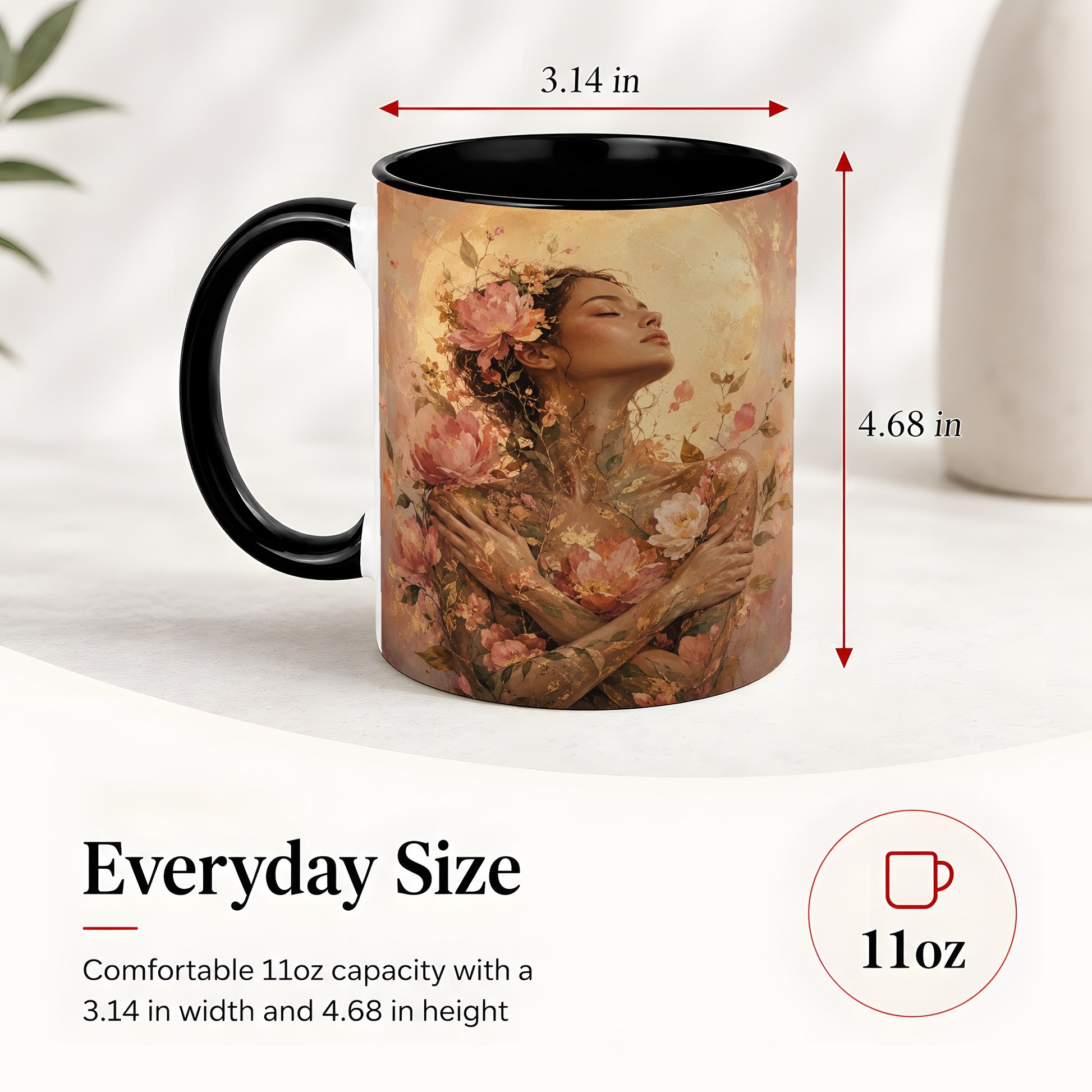 #pl[11oz|Black] Floral Woman Ceramic Mug, Self Embrace Botanical Portrait