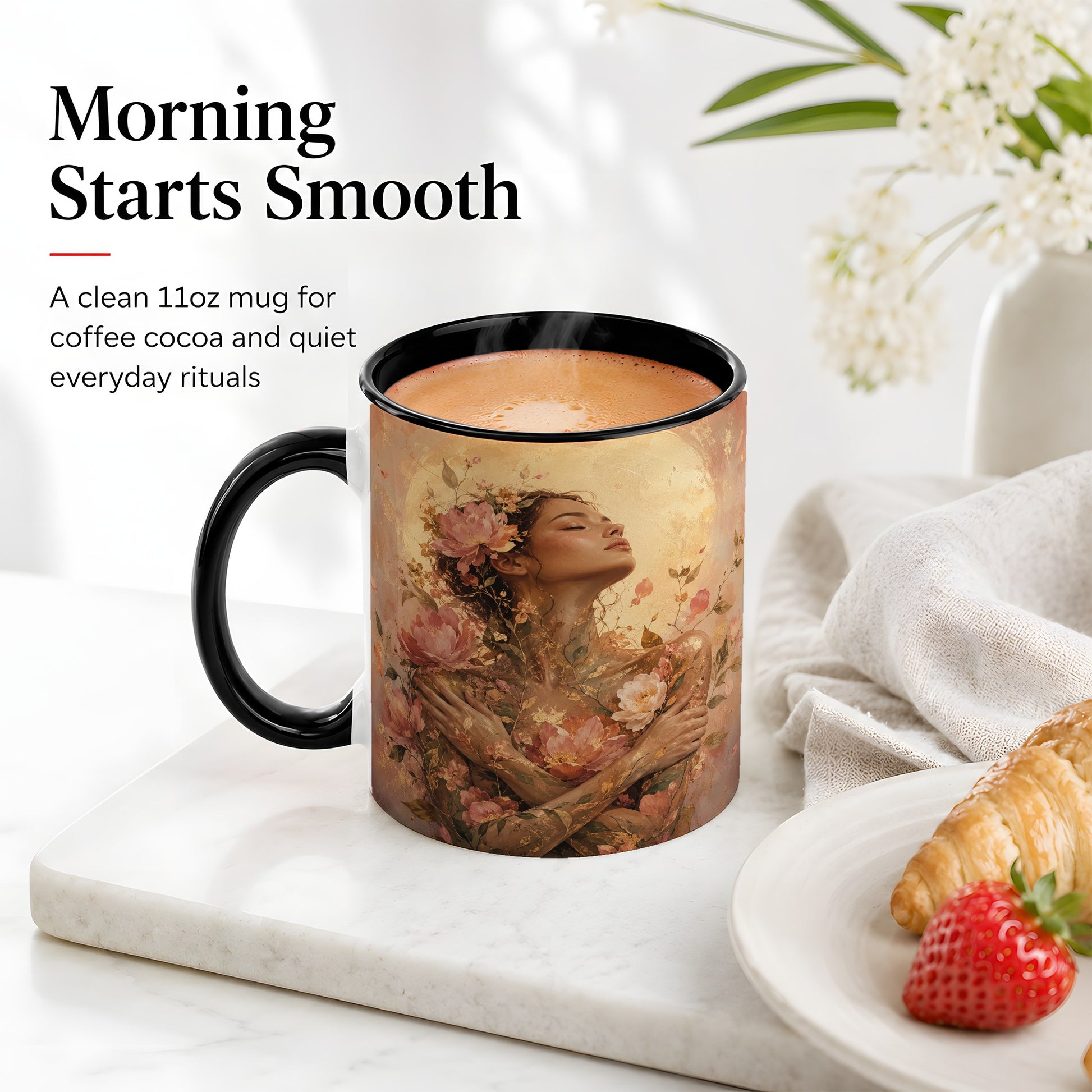 #pl[11oz|Black] Floral Woman Ceramic Mug, Self Embrace Botanical Portrait