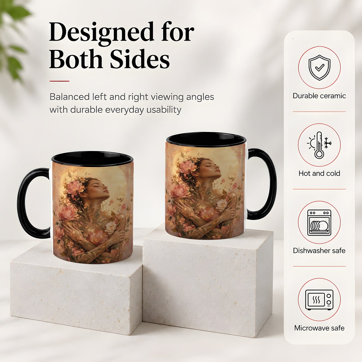 #pl[11oz|Black] Floral Woman Ceramic Mug, Self Embrace Botanical Portrait