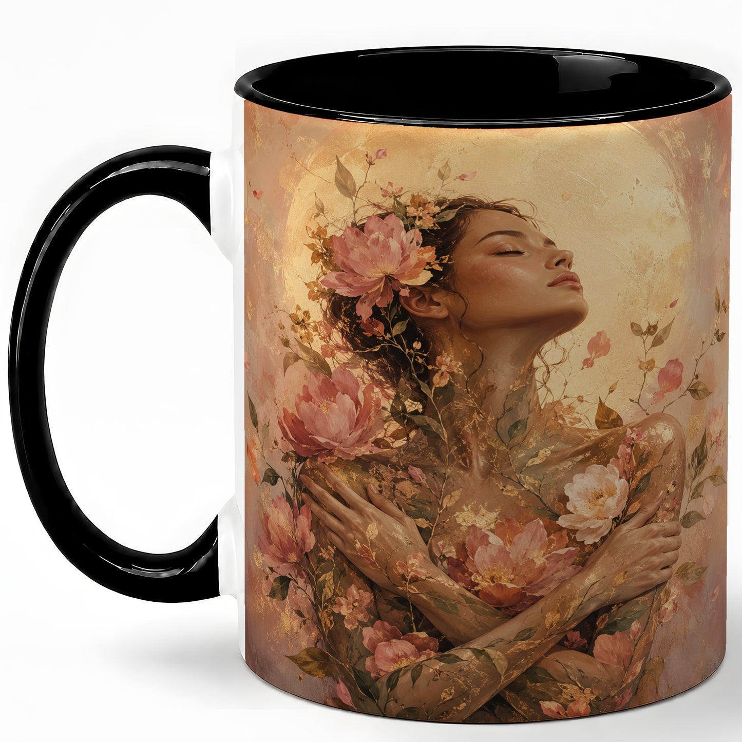 #pl[11oz|Black] Floral Woman Ceramic Mug, Self Embrace Botanical Portrait