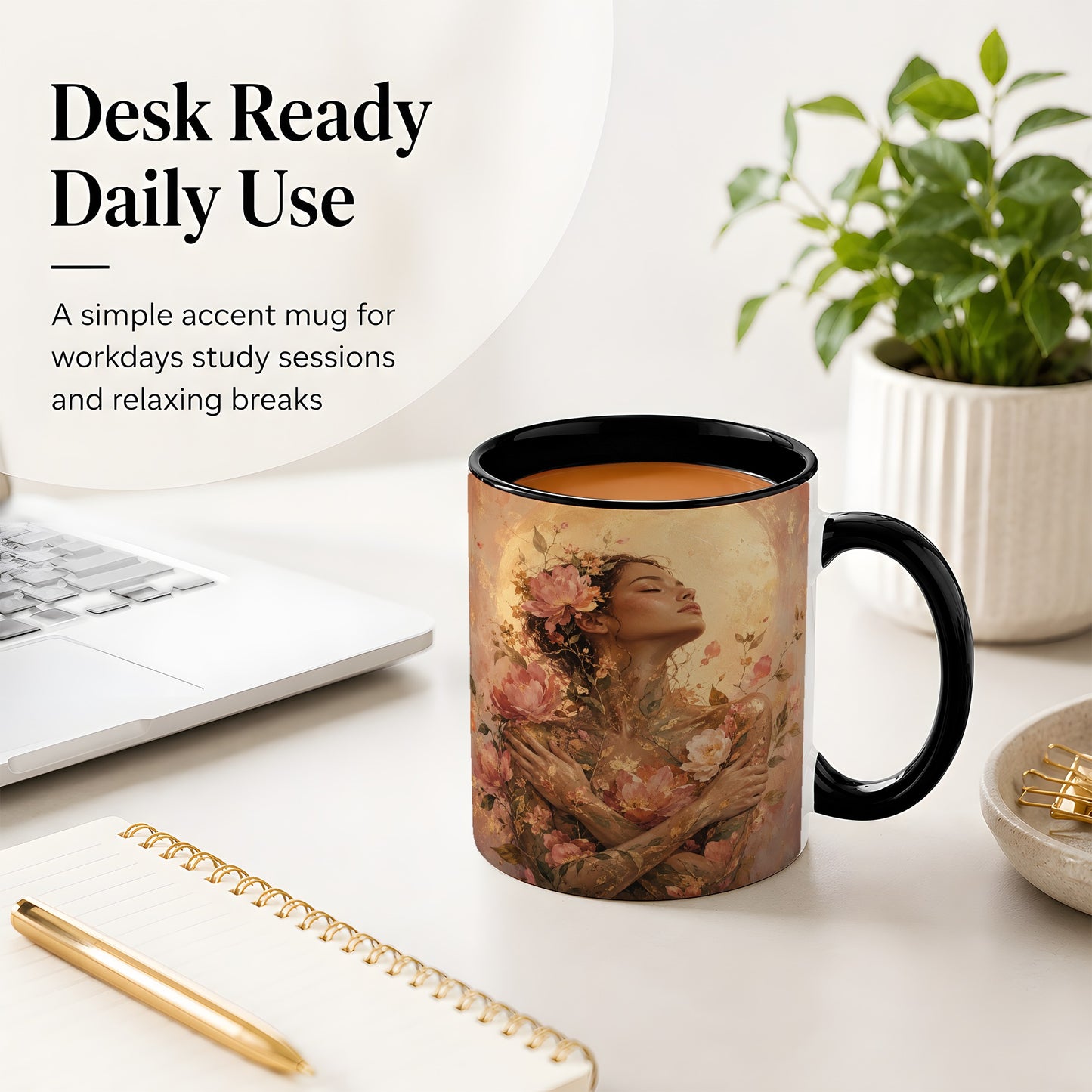 #pl[11oz|Black] Floral Woman Ceramic Mug, Self Embrace Botanical Portrait