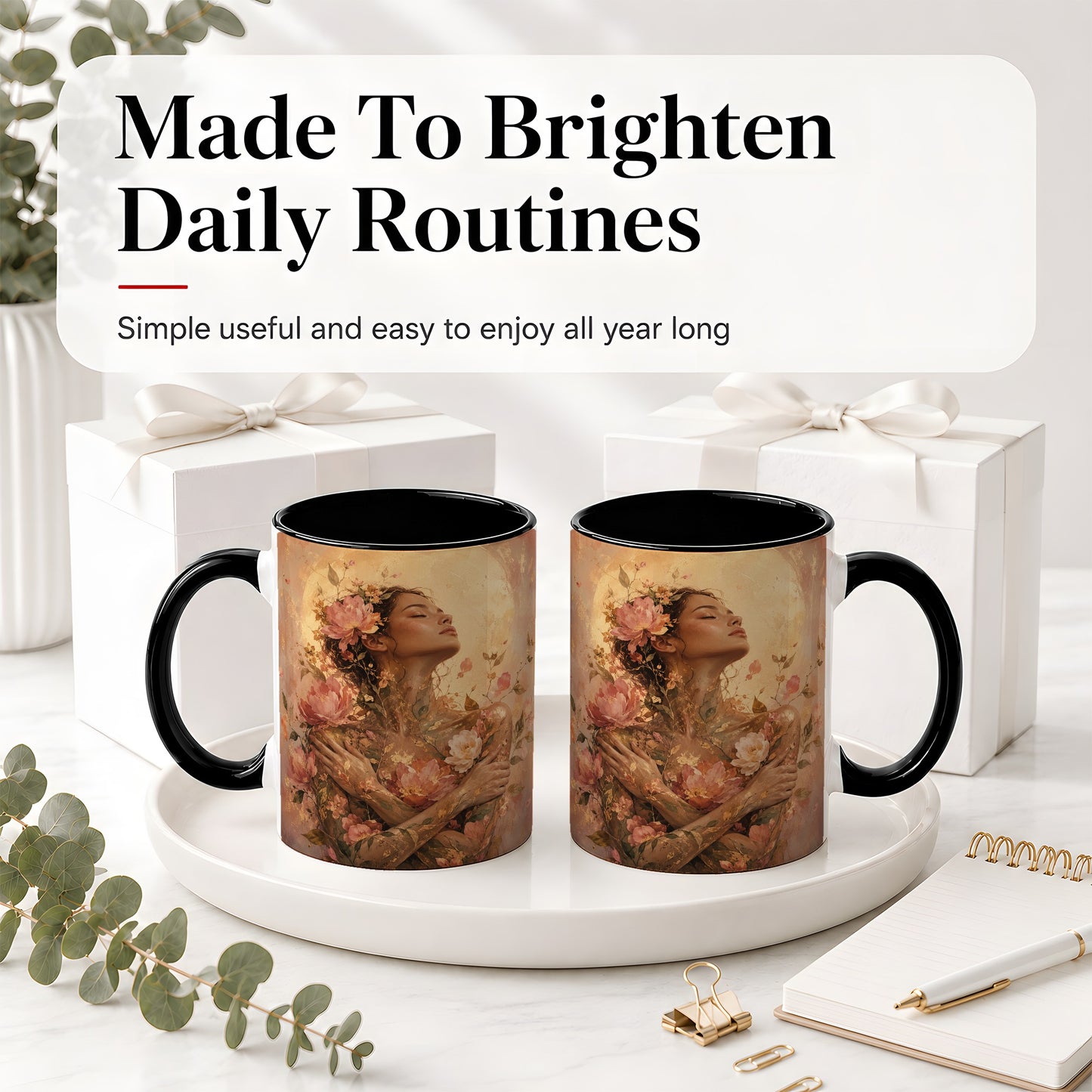 #pl[11oz|Black] Floral Woman Ceramic Mug, Self Embrace Botanical Portrait