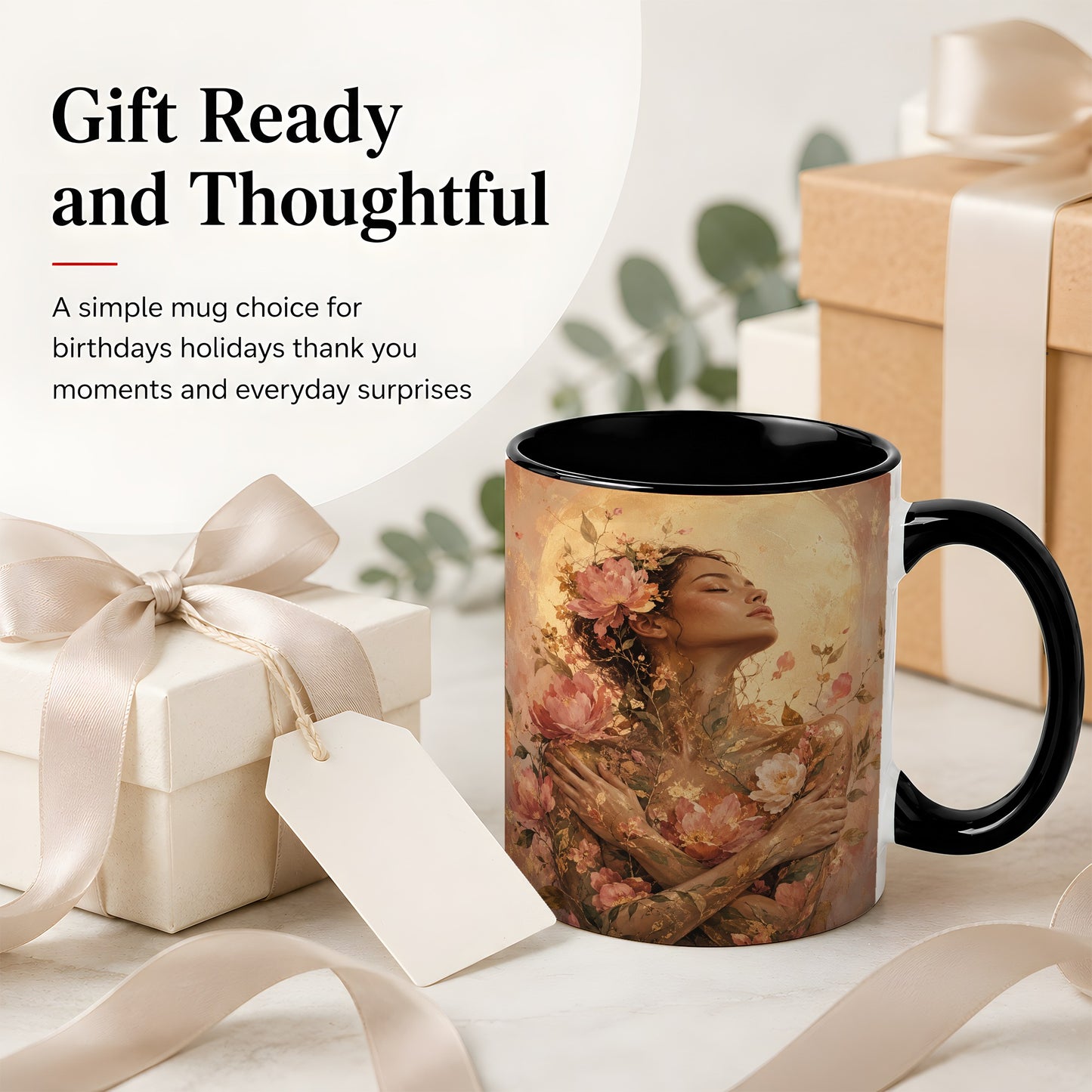 #pl[11oz|Black] Floral Woman Ceramic Mug, Self Embrace Botanical Portrait
