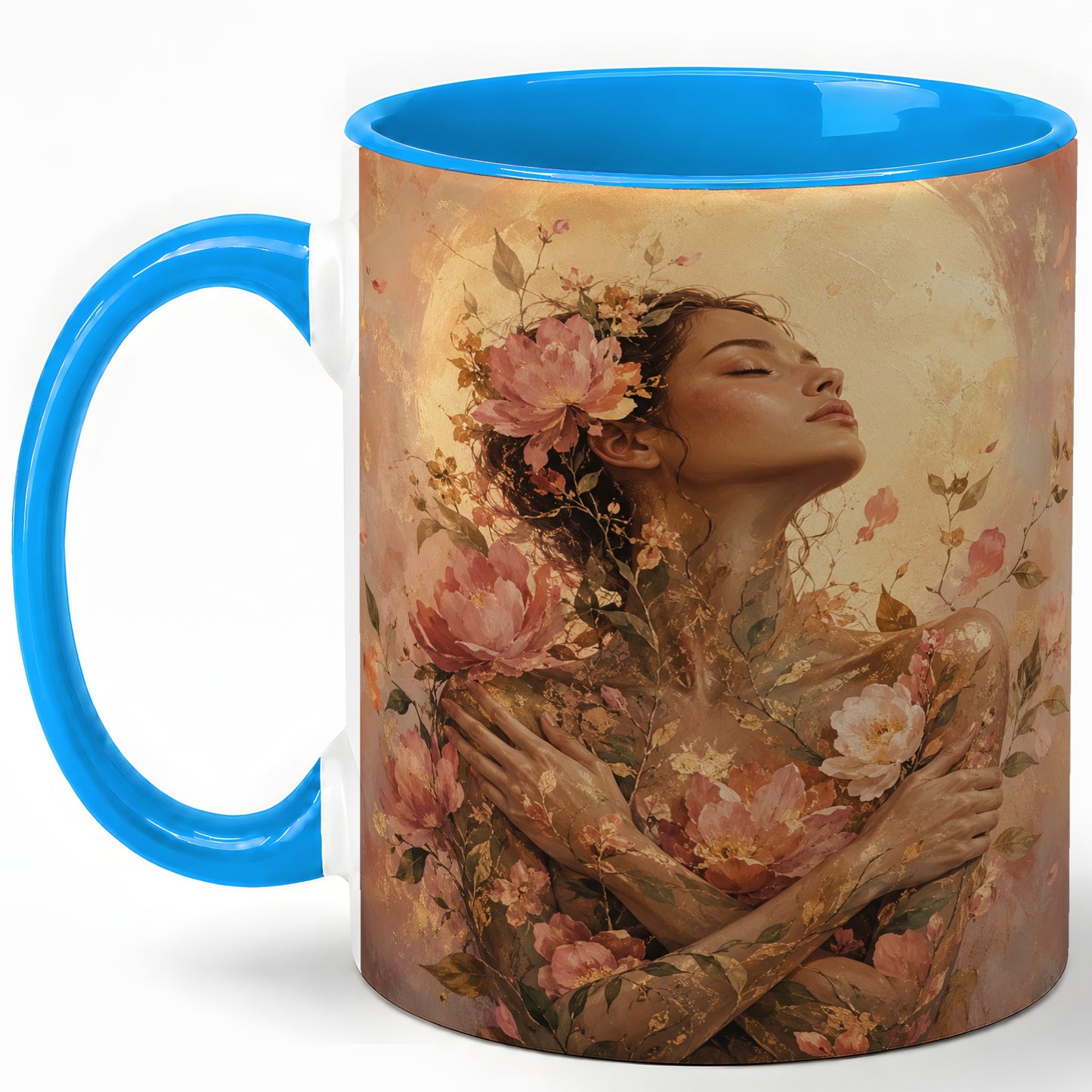 #pl[11oz|Blue] Floral Woman Ceramic Mug, Self Embrace Botanical Portrait