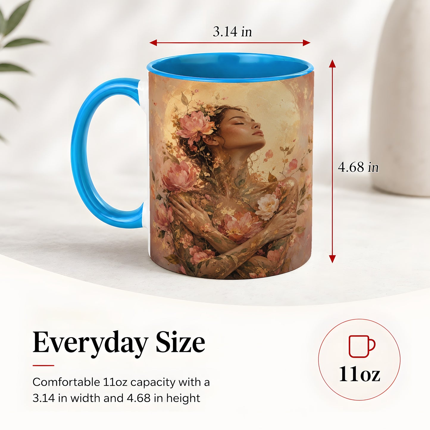 #pl[11oz|Blue] Floral Woman Ceramic Mug, Self Embrace Botanical Portrait