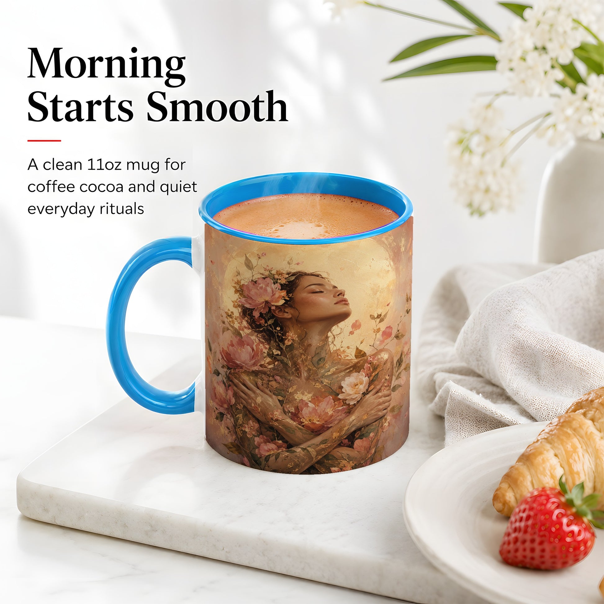 #pl[11oz|Blue] Floral Woman Ceramic Mug, Self Embrace Botanical Portrait