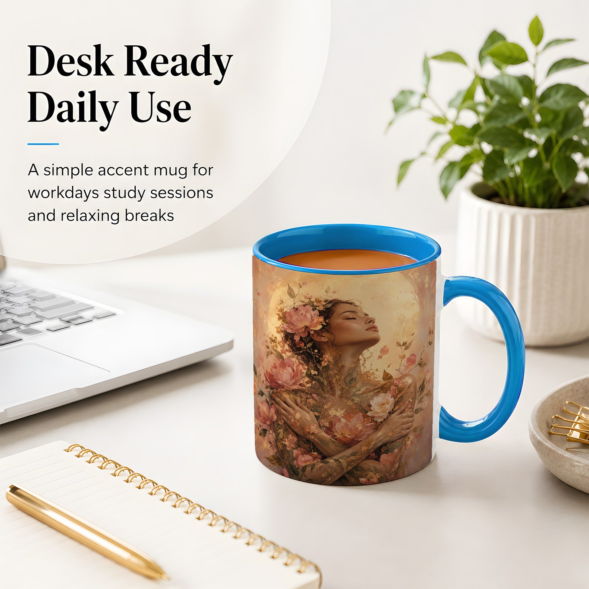 #pl[11oz|Blue] Floral Woman Ceramic Mug, Self Embrace Botanical Portrait