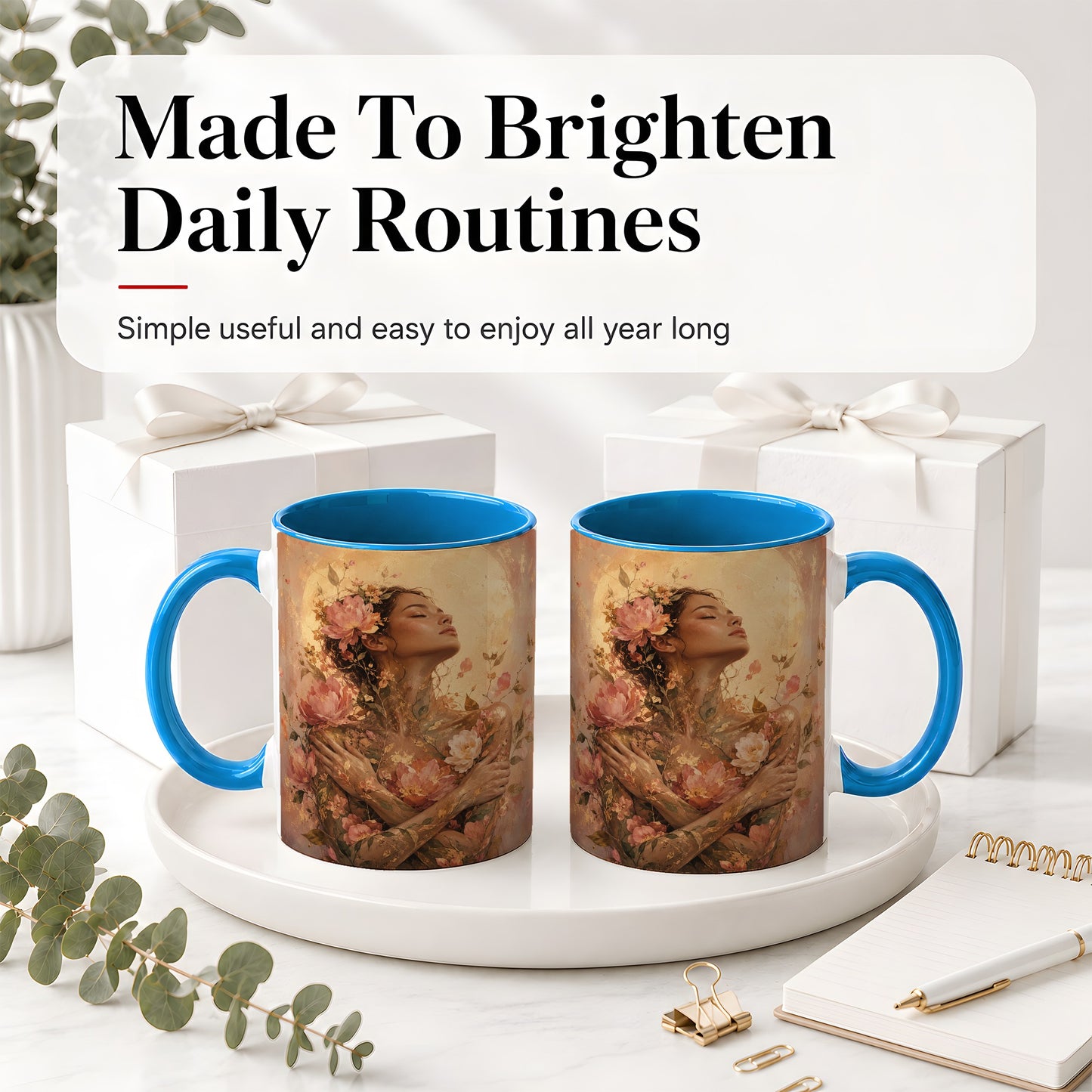 #pl[11oz|Blue] Floral Woman Ceramic Mug, Self Embrace Botanical Portrait
