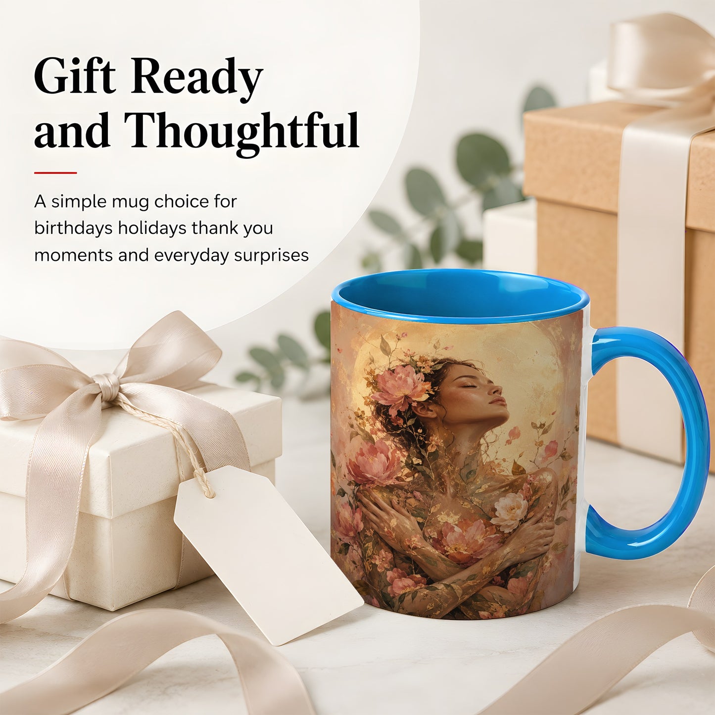 #pl[11oz|Blue] Floral Woman Ceramic Mug, Self Embrace Botanical Portrait